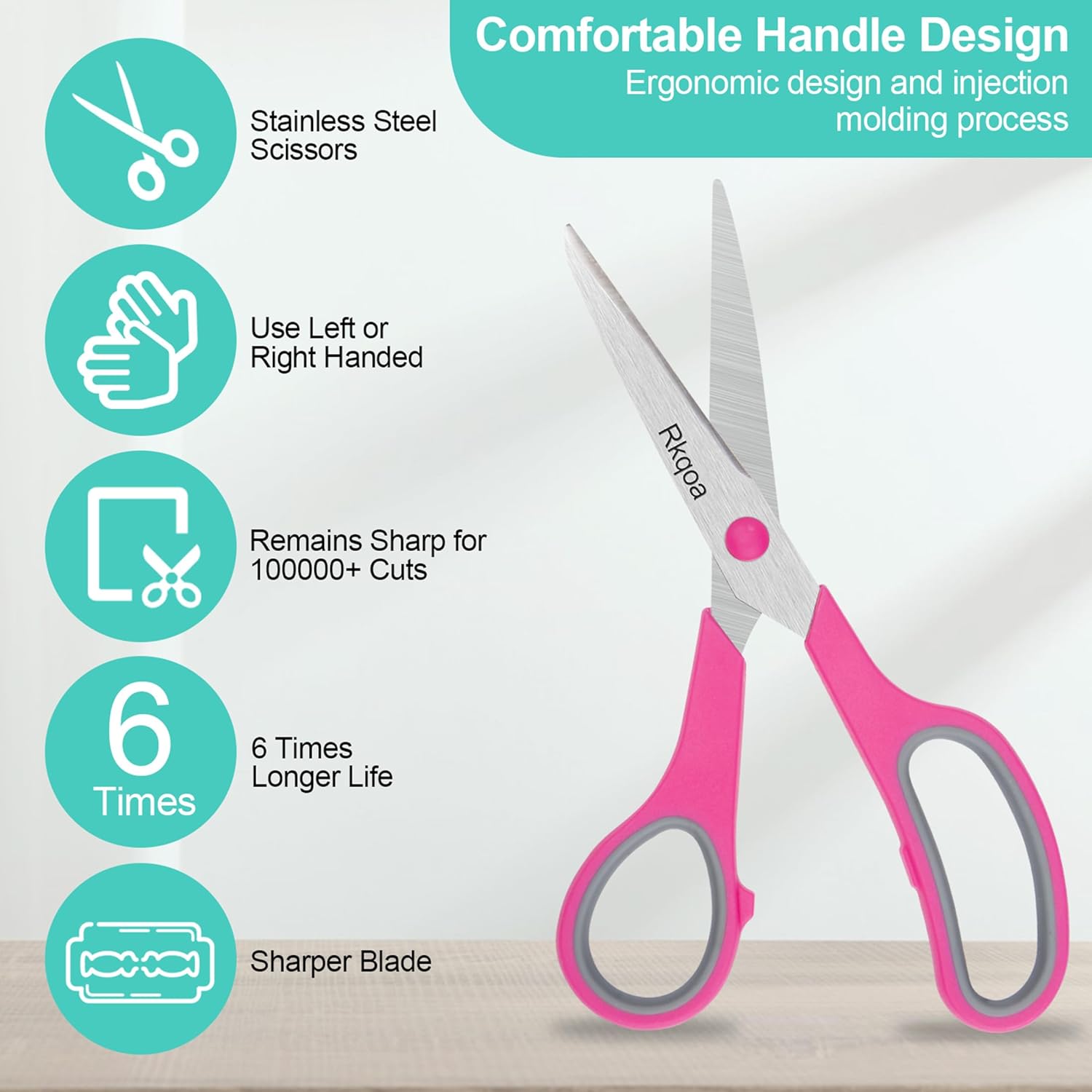 Scissors, Rkqoa 8" Scissors All Purpose 6 Pack - Comfort-Grip Sharp Scissors for Office School Sewing Fabric Craft Desk Supplies, Classroom Must have, Teacher/Class Scissors, Right/Left Handles-3