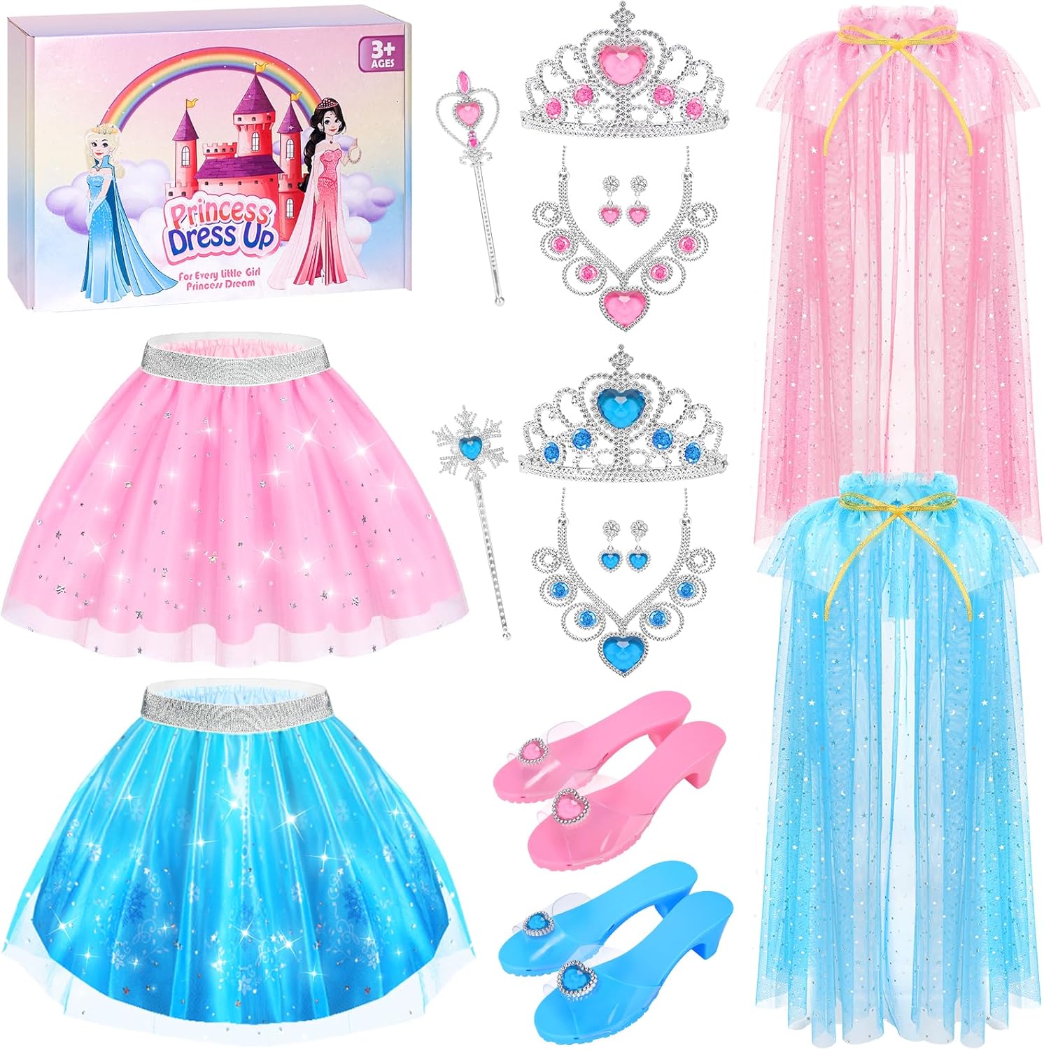 Princess Dress Up Clothes for Little Girls Toddlers, Princess Costume Set with Princess Cape, Tutu, Crown, Shoes, Play Jewelry, Kids Pretend Play & Dress Up Princess Toys & Gifts for Girls Toddlers-0