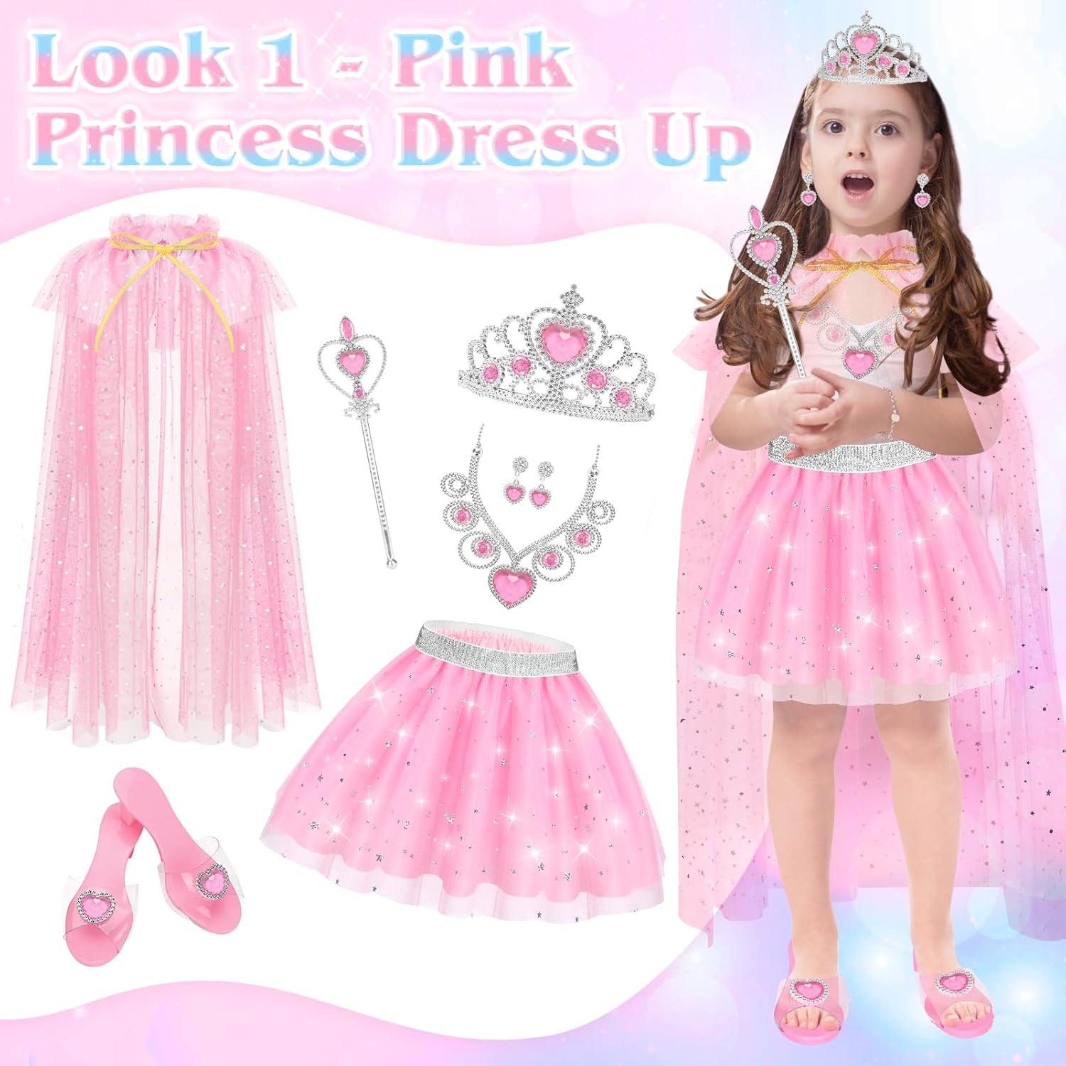 Princess Dress Up Clothes for Little Girls Toddlers, Princess Costume Set with Princess Cape, Tutu, Crown, Shoes, Play Jewelry, Kids Pretend Play & Dress Up Princess Toys & Gifts for Girls Toddlers-1