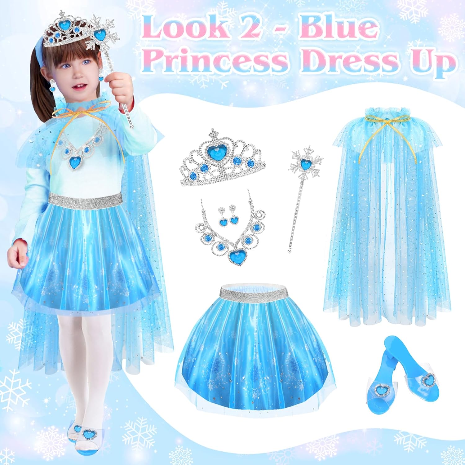 Princess Dress Up Clothes for Little Girls Toddlers, Princess Costume Set with Princess Cape, Tutu, Crown, Shoes, Play Jewelry, Kids Pretend Play & Dress Up Princess Toys & Gifts for Girls Toddlers-2