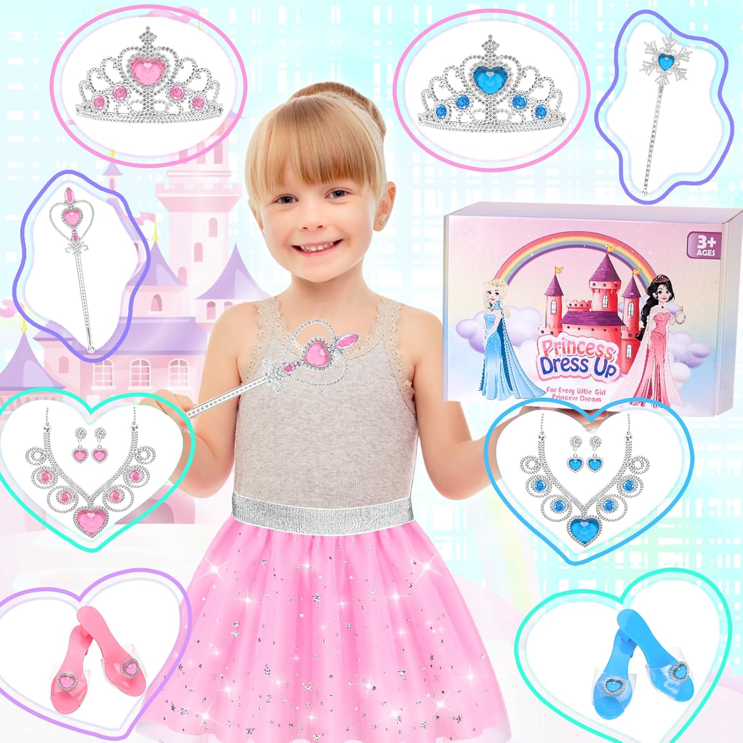 Princess Dress Up Clothes for Little Girls Toddlers, Princess Costume Set with Princess Cape, Tutu, Crown, Shoes, Play Jewelry, Kids Pretend Play & Dress Up Princess Toys & Gifts for Girls Toddlers-5