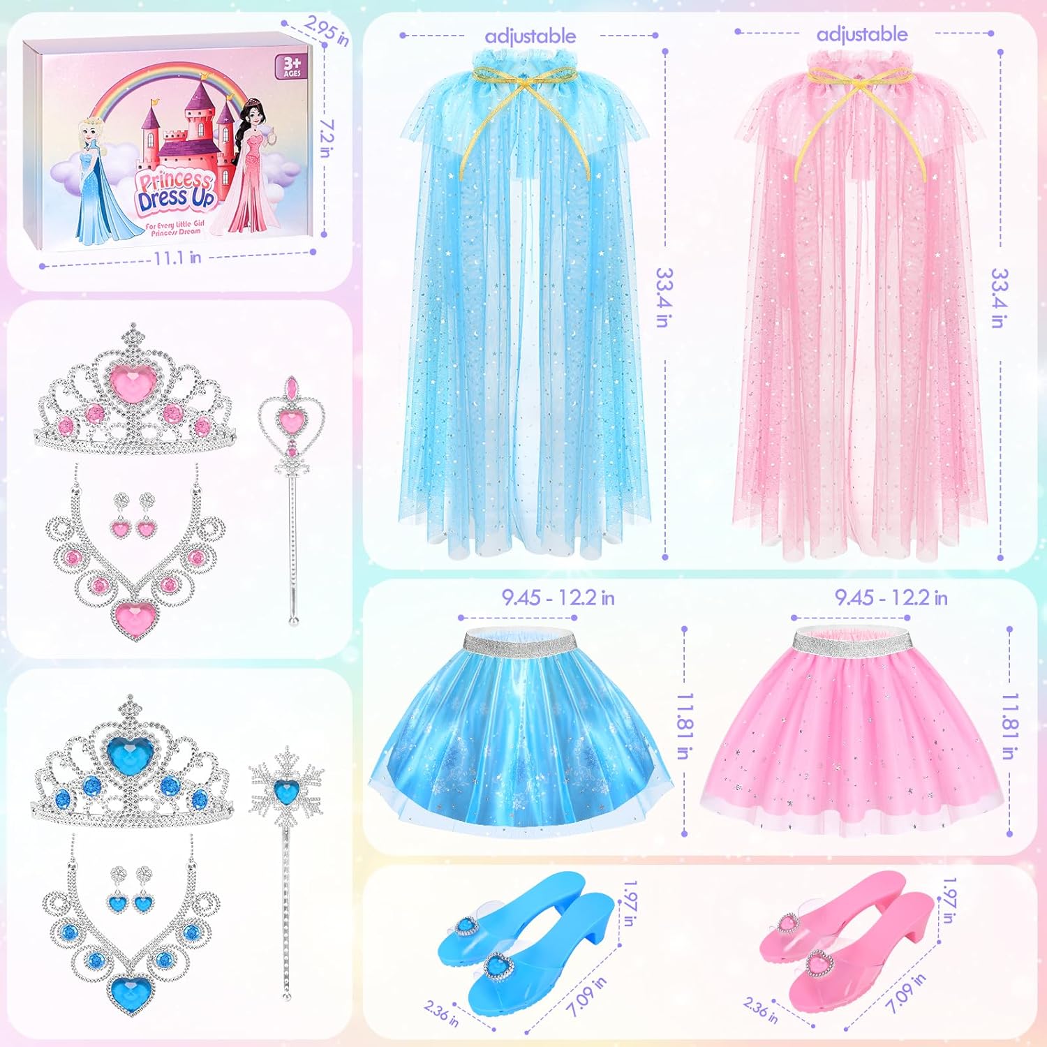 Princess Dress Up Clothes for Little Girls Toddlers, Princess Costume Set with Princess Cape, Tutu, Crown, Shoes, Play Jewelry, Kids Pretend Play & Dress Up Princess Toys & Gifts for Girls Toddlers-6