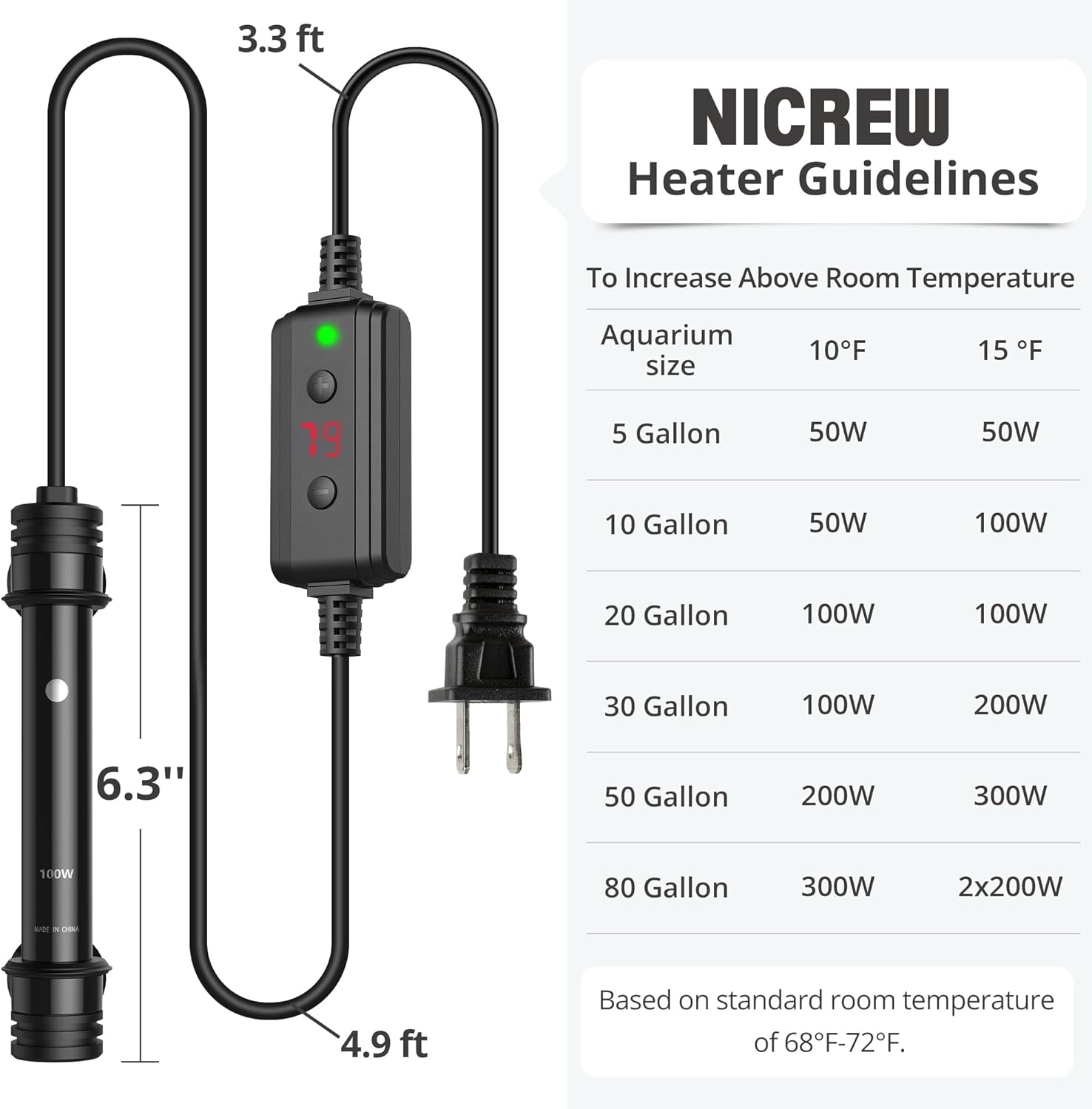 NICREW Aquarium Heater 100W, Temperature Adjustable Fish Tank Heater with Controller for 10-20 Gallon, Overheat Protection-4