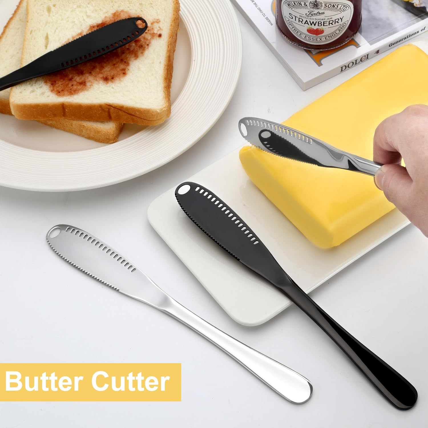 6PCS Butter Knife, 8.7” silver Butter Spreader, 3 in 1 Kitchen Gadgets Serrated, Stainless Steel Butter Knife Spreader, Butter Spreader Knife with Holes and Serrations-3