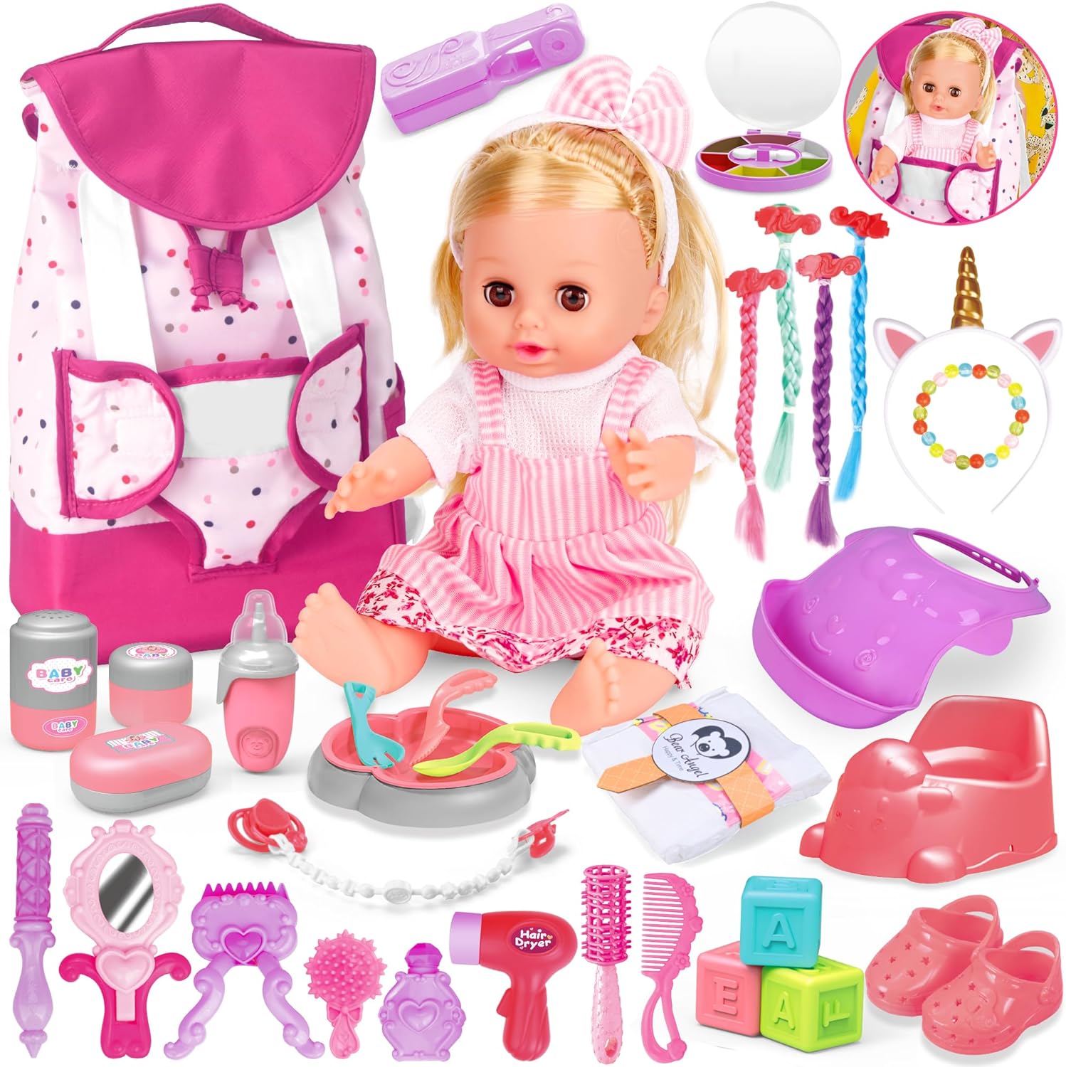 Baby Care & Hair Salon Doll Toy Set, 35PCS Doll Playset, Pretend Play Toddler Doll Toys Incl 14'' Baby Doll Toy, Backpack, Hair Dryer, Hair curler, Xmas Gifts for Age 3 4 5 6+ Years Old Girls Kids-0