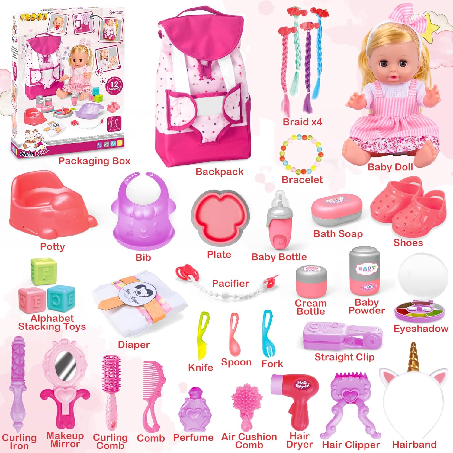 Baby Care & Hair Salon Doll Toy Set, 35PCS Doll Playset, Pretend Play Toddler Doll Toys Incl 14'' Baby Doll Toy, Backpack, Hair Dryer, Hair curler, Xmas Gifts for Age 3 4 5 6+ Years Old Girls Kids-1