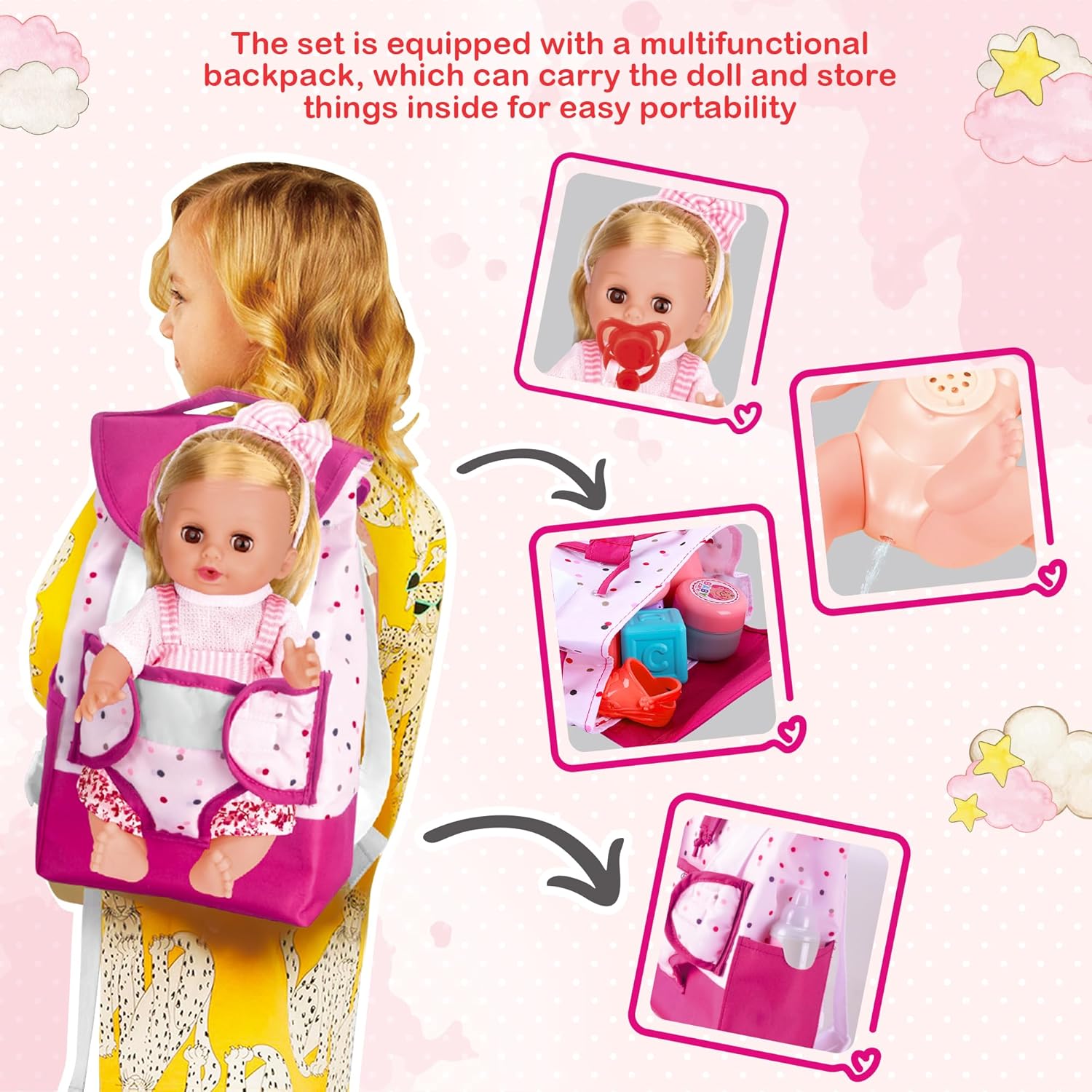 Baby Care & Hair Salon Doll Toy Set, 35PCS Doll Playset, Pretend Play Toddler Doll Toys Incl 14'' Baby Doll Toy, Backpack, Hair Dryer, Hair curler, Xmas Gifts for Age 3 4 5 6+ Years Old Girls Kids-4