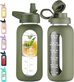 CIVAGO 32 oz Glass Water Bottle with Straw and Handle, Large Sports Motivational Water Bottle Flask with Time Marker, Leakproof Water Jug Canteen with Silicone Sleeve for Gym,Army Green