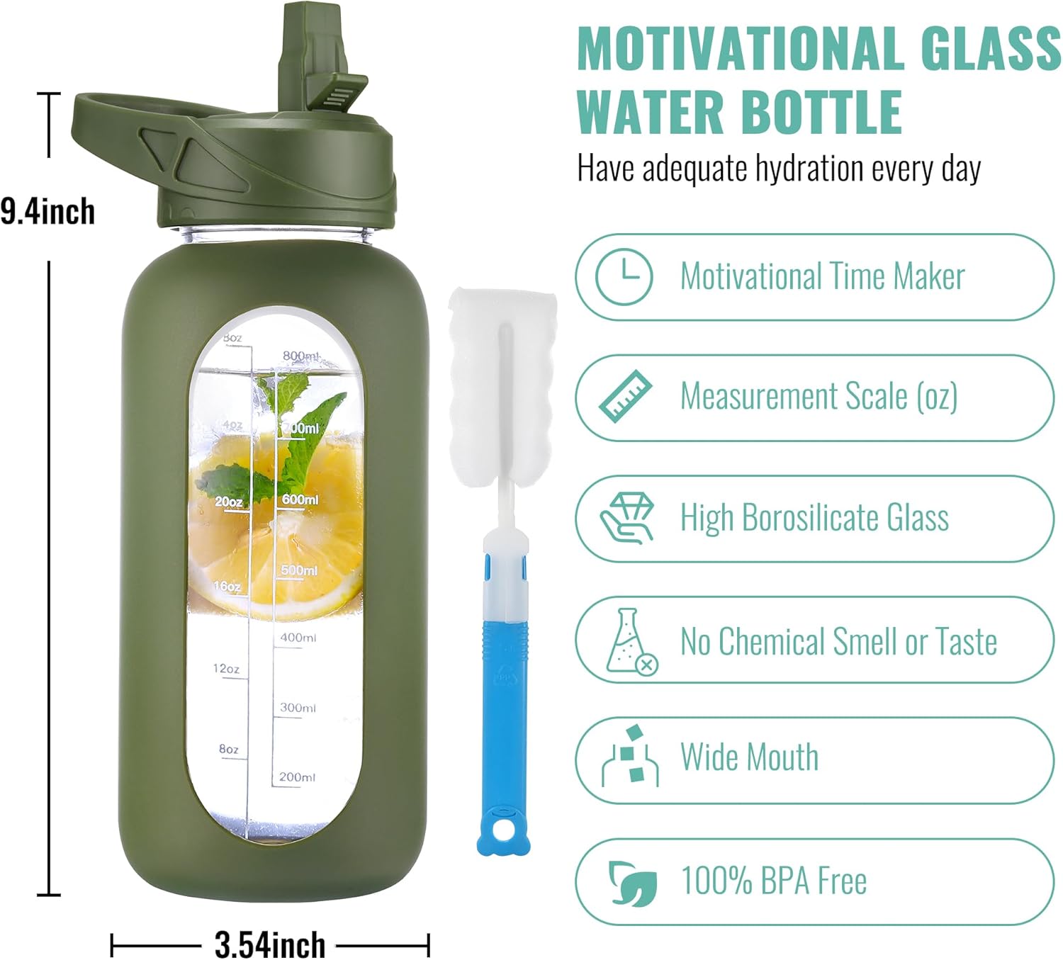 CIVAGO 32 oz Glass Water Bottle with Straw and Handle, Large Sports Motivational Water Bottle Flask with Time Marker, Leakproof Water Jug Canteen with Silicone Sleeve for Gym,Army Green-1