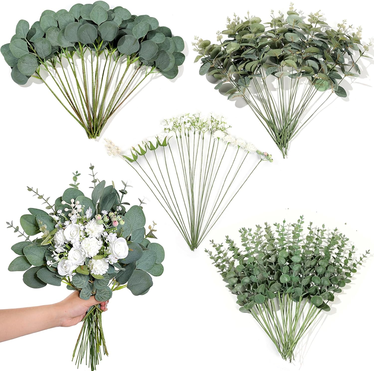 110 Pcs 7 Kinds Mixed Artificial Eucalyptus Stems and Faux Flowers,Fake Silver Dollar Eucalyptus Leaves Stems Bulk Real Touch Leaf Branches for DIY Bouquets Floral Arrangement Wedding Home Decor-0