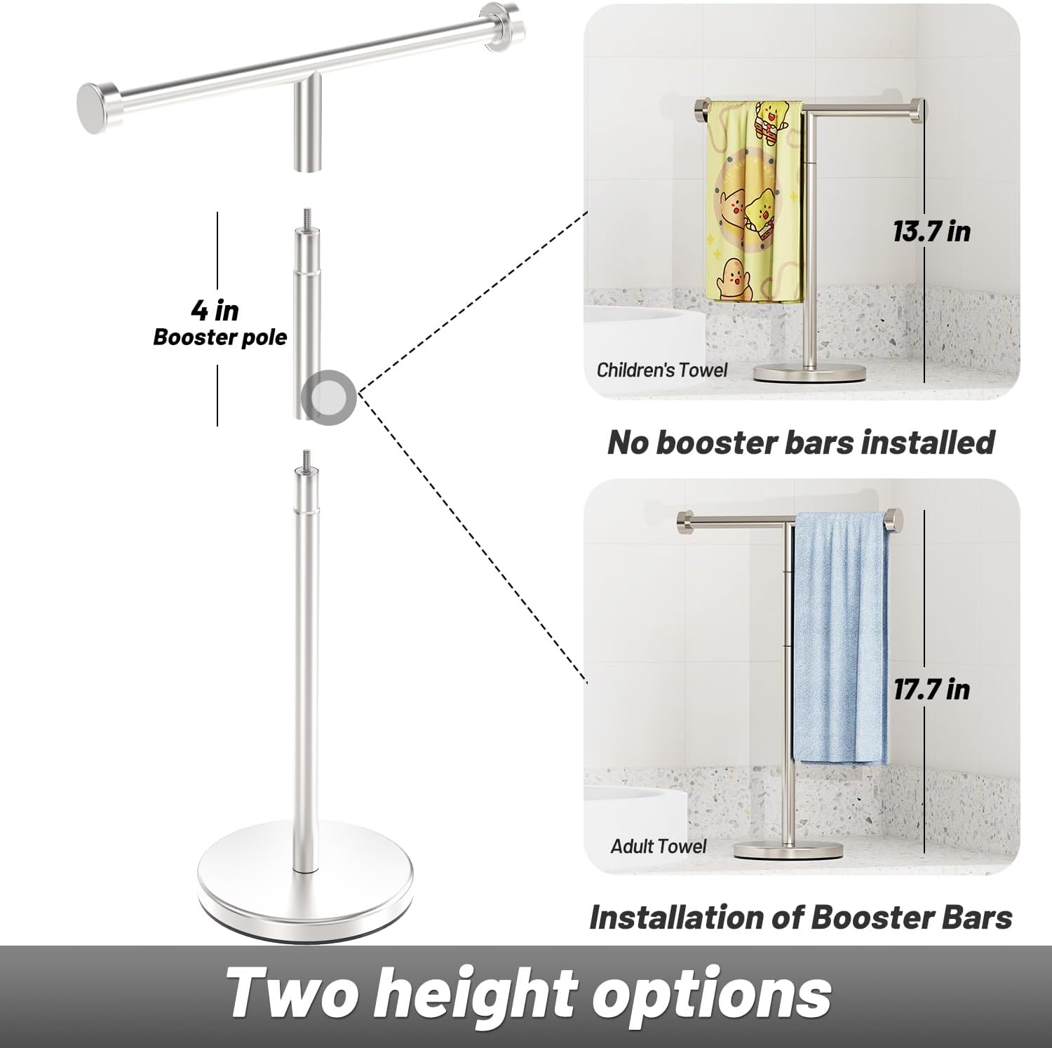 VEHHE T-Shape Hand Towel Holder for Bathroom, Height Adjustable Hand Towel Stand, SUS304 Stainless Steel Towel Holder Stand Non-Slip for Adults, Children（Silver）-1