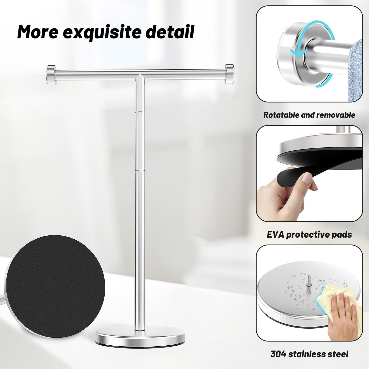 VEHHE T-Shape Hand Towel Holder for Bathroom, Height Adjustable Hand Towel Stand, SUS304 Stainless Steel Towel Holder Stand Non-Slip for Adults, Children（Silver）-3