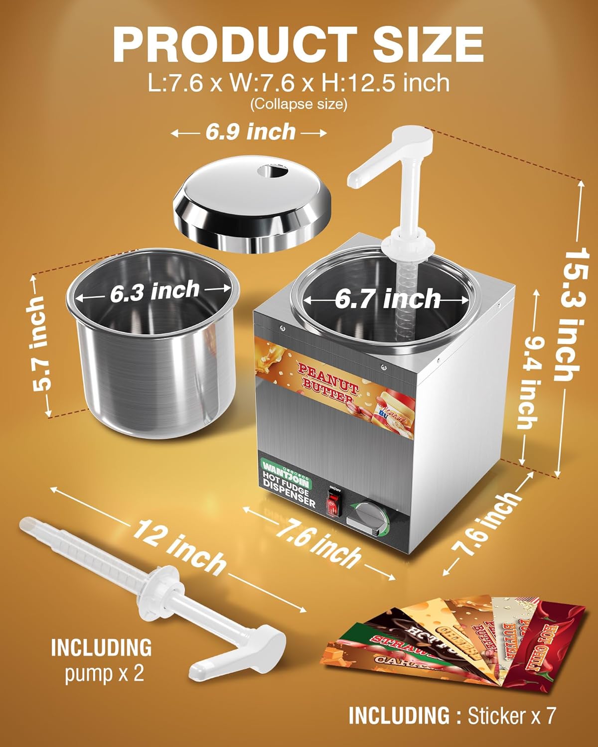 WantJoin Nacho Cheese Dispenser with Pump,2.8Qt Nacho Cheese Warmer,Stainless Steel Hot Fudge Warmer W/5-Level Temperature Adjustment,Commercial Hot Fudge Dispenser for Hot Fudge Cheese Caramel-4