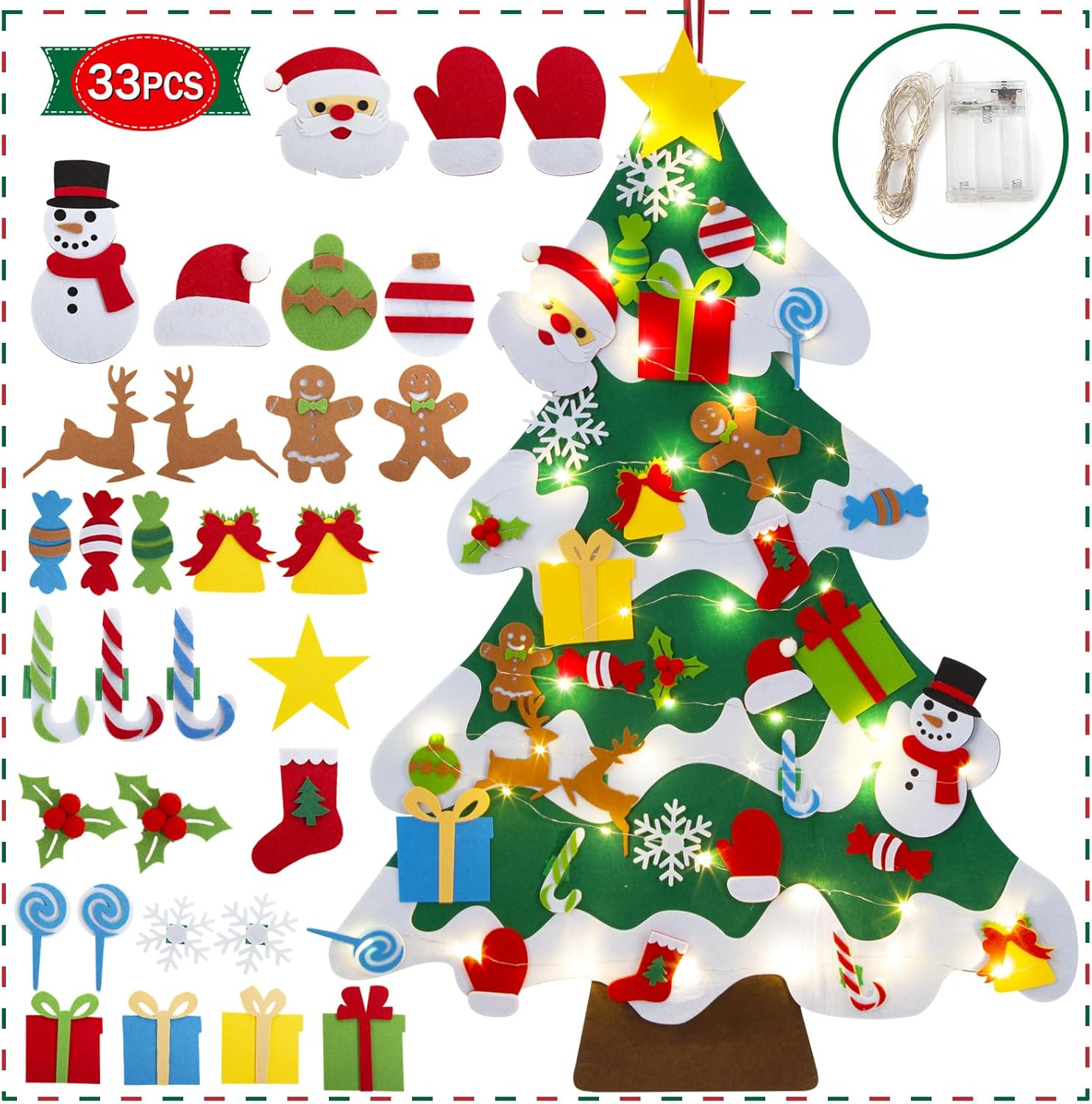 Airensky Felt Christmas Tree Set with String Lights, 3.2ft DIY Christmas Tree Set with 33 Pieces of Removable Christmas Ornament Decoration,for Kids Toddlers Felt Craft Kits for Xmas Gifts，White Edge-0