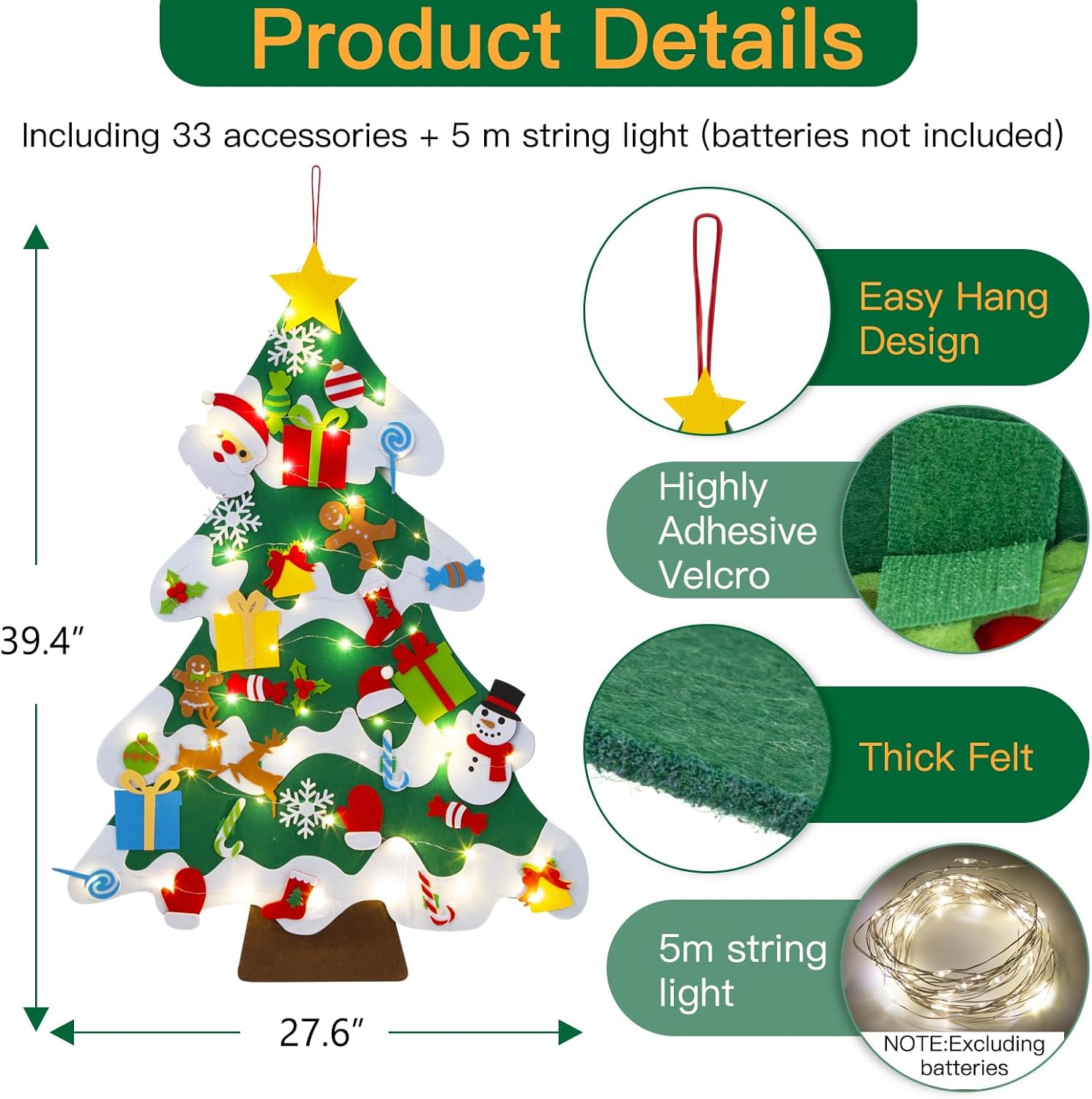 Airensky Felt Christmas Tree Set with String Lights, 3.2ft DIY Christmas Tree Set with 33 Pieces of Removable Christmas Ornament Decoration,for Kids Toddlers Felt Craft Kits for Xmas Gifts，White Edge-2