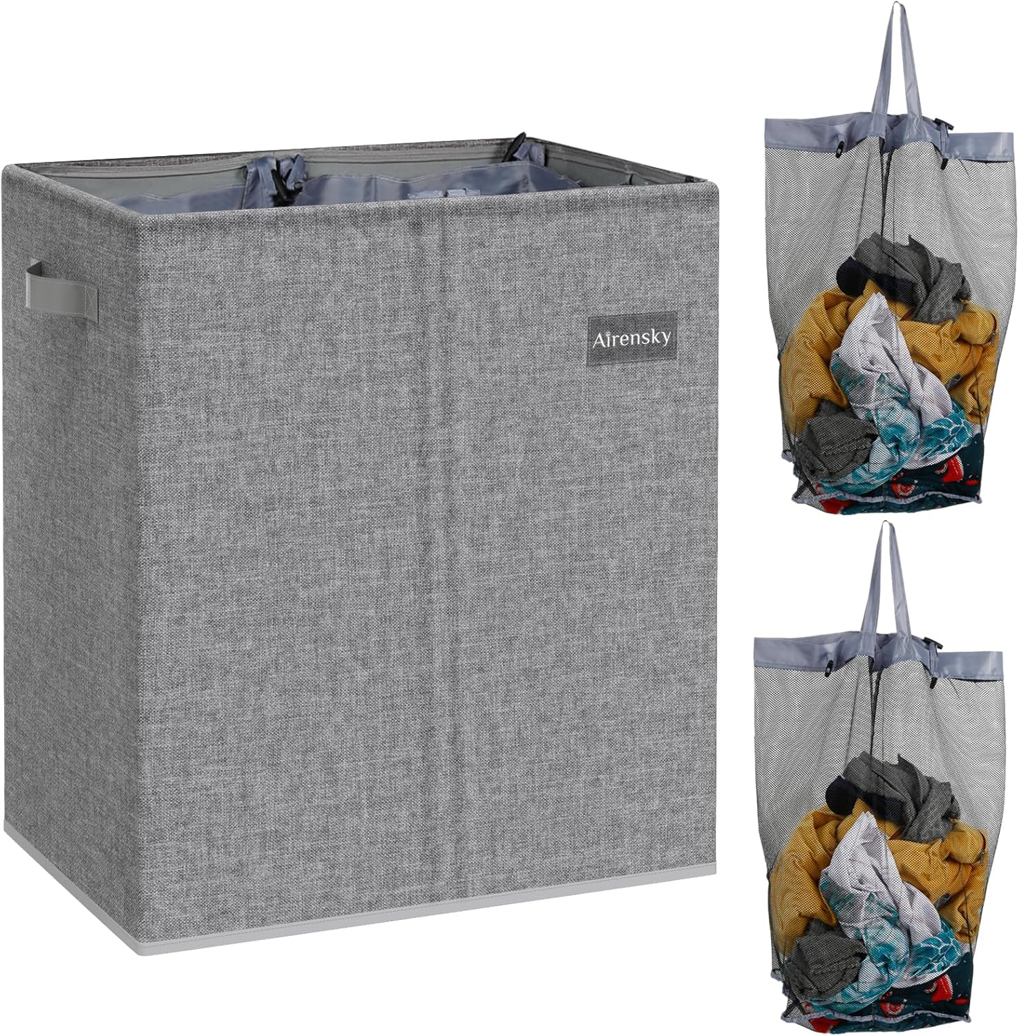 Airensky Double Laundry Hamper Collapsible Laundry Basket，145L Clothes Hamper 2 Section with Bag Removable for Clothes and Toys Storage, Dirty Hampers for Bedroom, Bathroom, Dorm，Gray-0