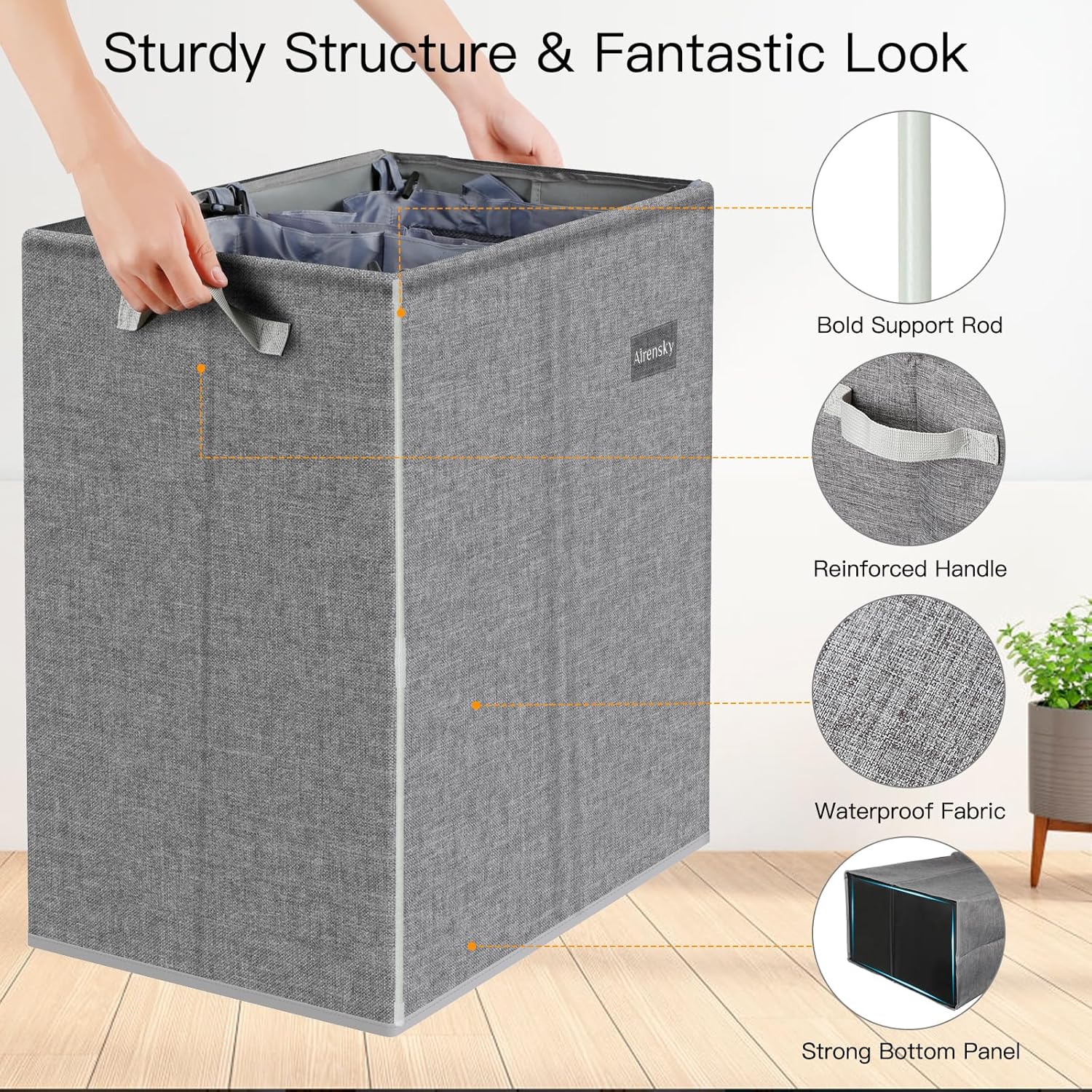 Airensky Double Laundry Hamper Collapsible Laundry Basket，145L Clothes Hamper 2 Section with Bag Removable for Clothes and Toys Storage, Dirty Hampers for Bedroom, Bathroom, Dorm，Gray-2