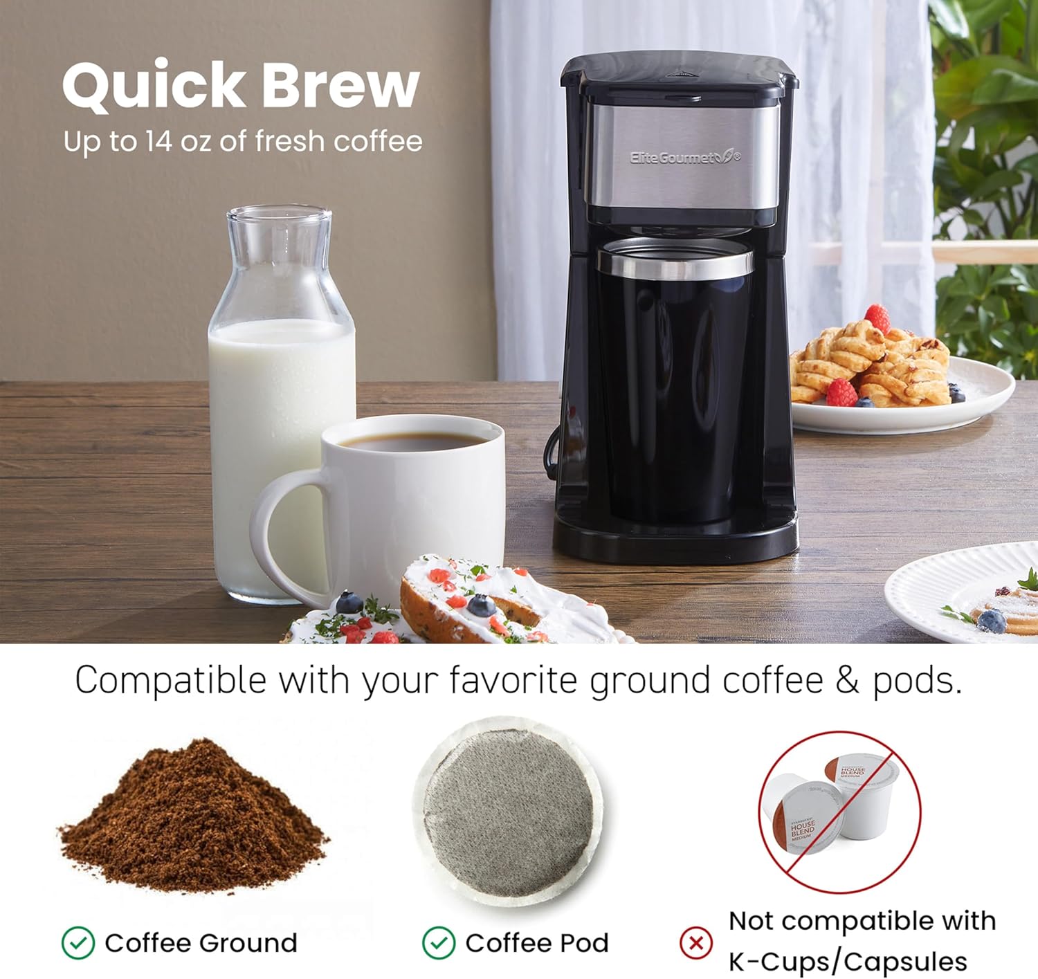 Elite Gourmet EHC114 Personal Single-Serve Compact Coffee Maker Brewer Includes 14Oz. Thermal Travel Mug with Stainless Steel Interior, Compatible with Coffee Grounds, Reusable Filter, Black-3