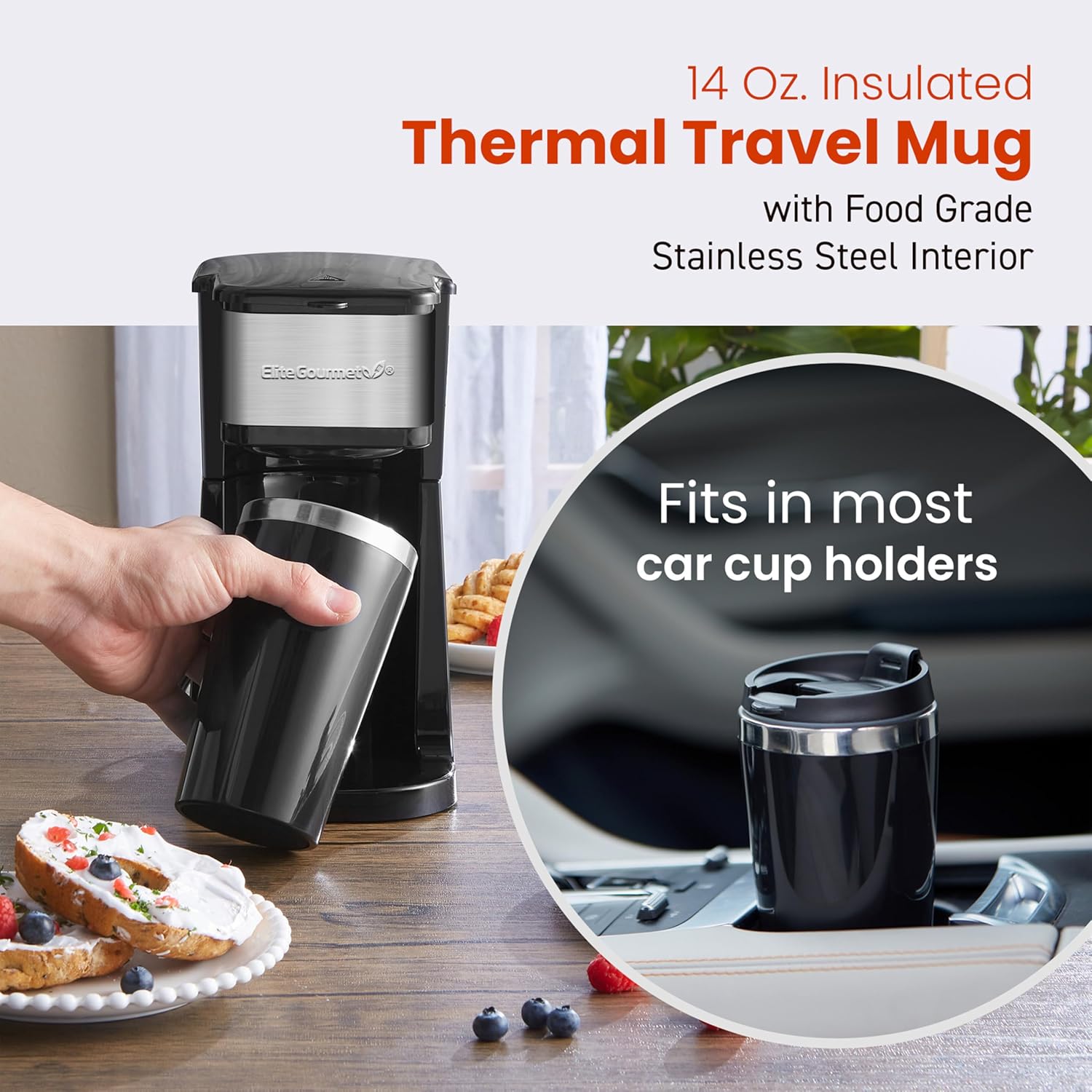 Elite Gourmet EHC114 Personal Single-Serve Compact Coffee Maker Brewer Includes 14Oz. Thermal Travel Mug with Stainless Steel Interior, Compatible with Coffee Grounds, Reusable Filter, Black-4