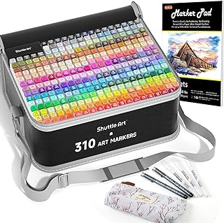 Shuttle Art 310 Colors Alcohol Markers, 309 Colors Dual Tip Art Marker Set Plus Colorless Blender, Micro-tip Pens, White Highlighter Pens, Marker Bag with Holders Perfect for Students Adults Coloring