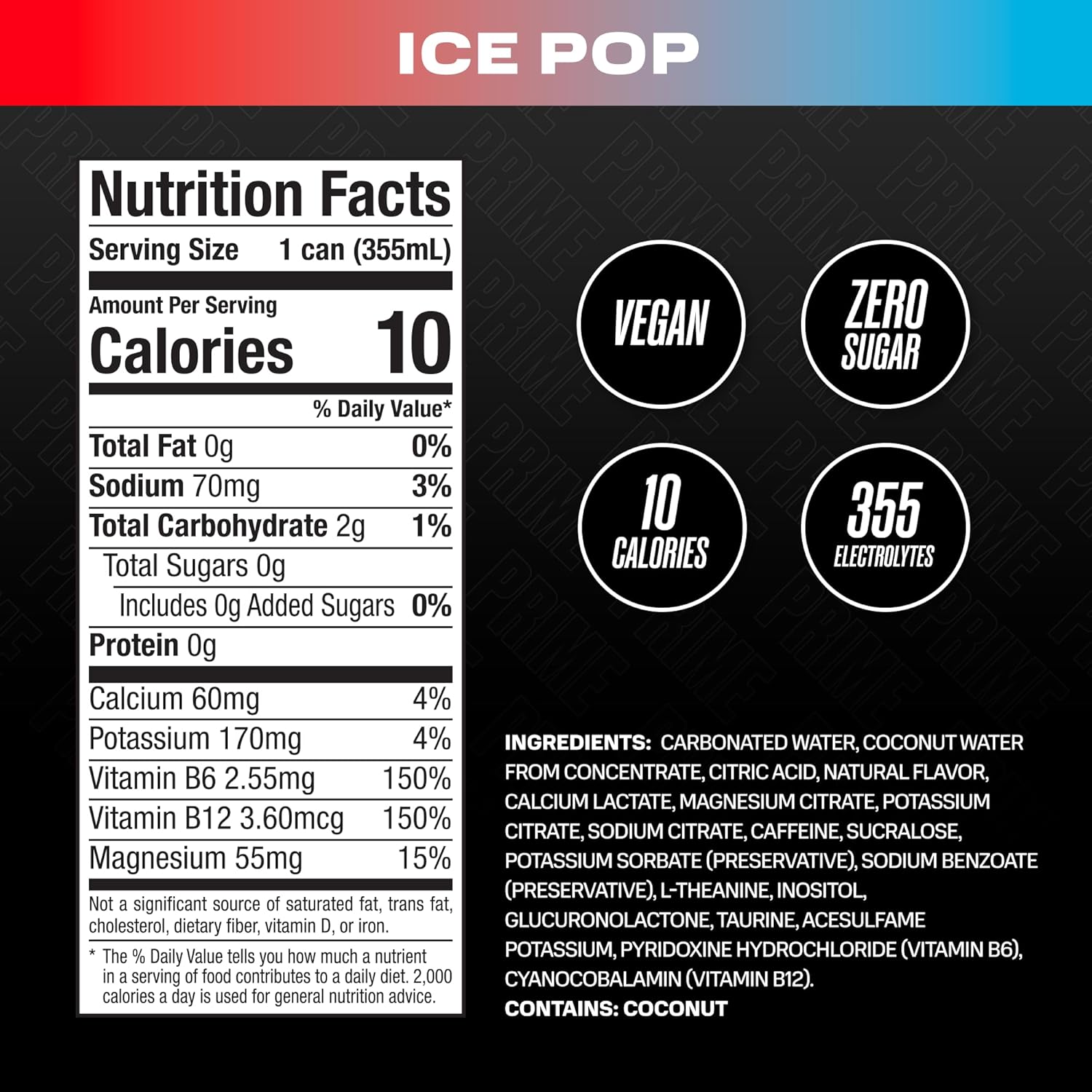 PRIME Energy ICE POP | Zero Sugar Energy Drink | Preworkout Energy | 200mg Caffeine with 355mg of Electrolytes and Coconut Water for Hydration| Vegan | Gluten Free |12 Fluid Ounce | 12 Pack-1