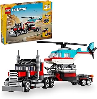 LEGO Creator 3 in 1 Flatbed Truck with Helicopter Toy, Transforms from Flatbed Truck Toy to Propeller Plane to Hot Rod and SUV Car Toys, Gift Idea for Boys and Girls Ages 7 Years Old and Up, 31146