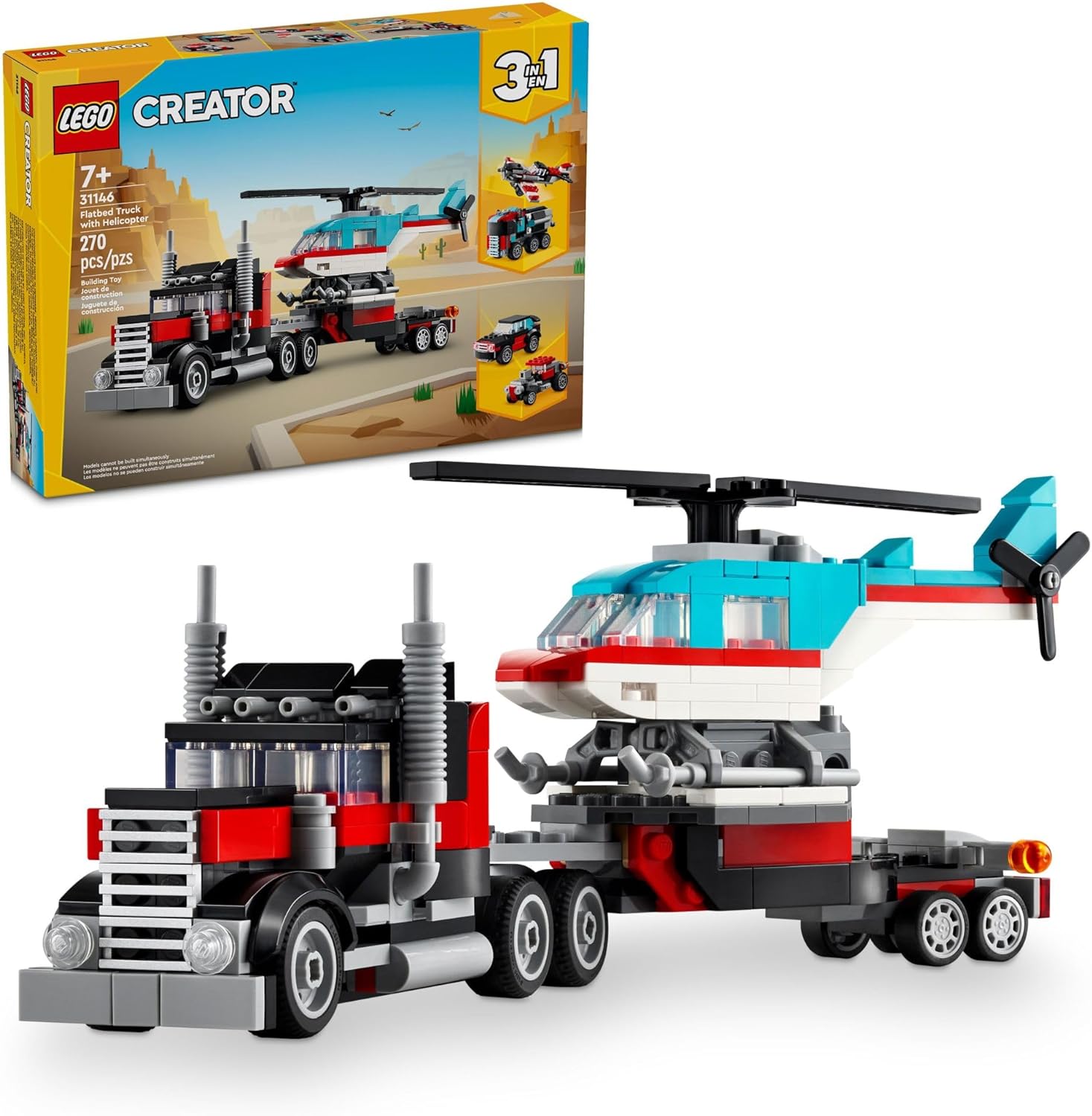 LEGO Creator 3 in 1 Flatbed Truck with Helicopter Toy, Transforms from Flatbed Truck Toy to Propeller Plane to Hot Rod and SUV Car Toys, Gift Idea for Boys and Girls Ages 7 Years Old and Up, 31146-0