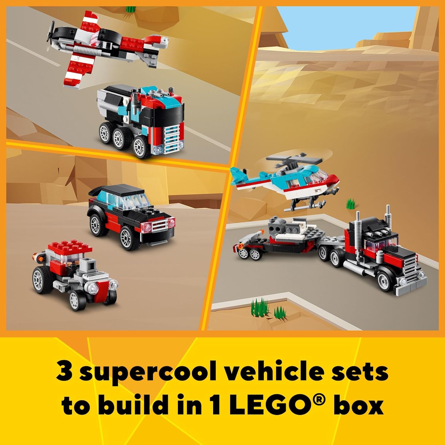 LEGO Creator 3 in 1 Flatbed Truck with Helicopter Toy, Transforms from Flatbed Truck Toy to Propeller Plane to Hot Rod and SUV Car Toys, Gift Idea for Boys and Girls Ages 7 Years Old and Up, 31146-1