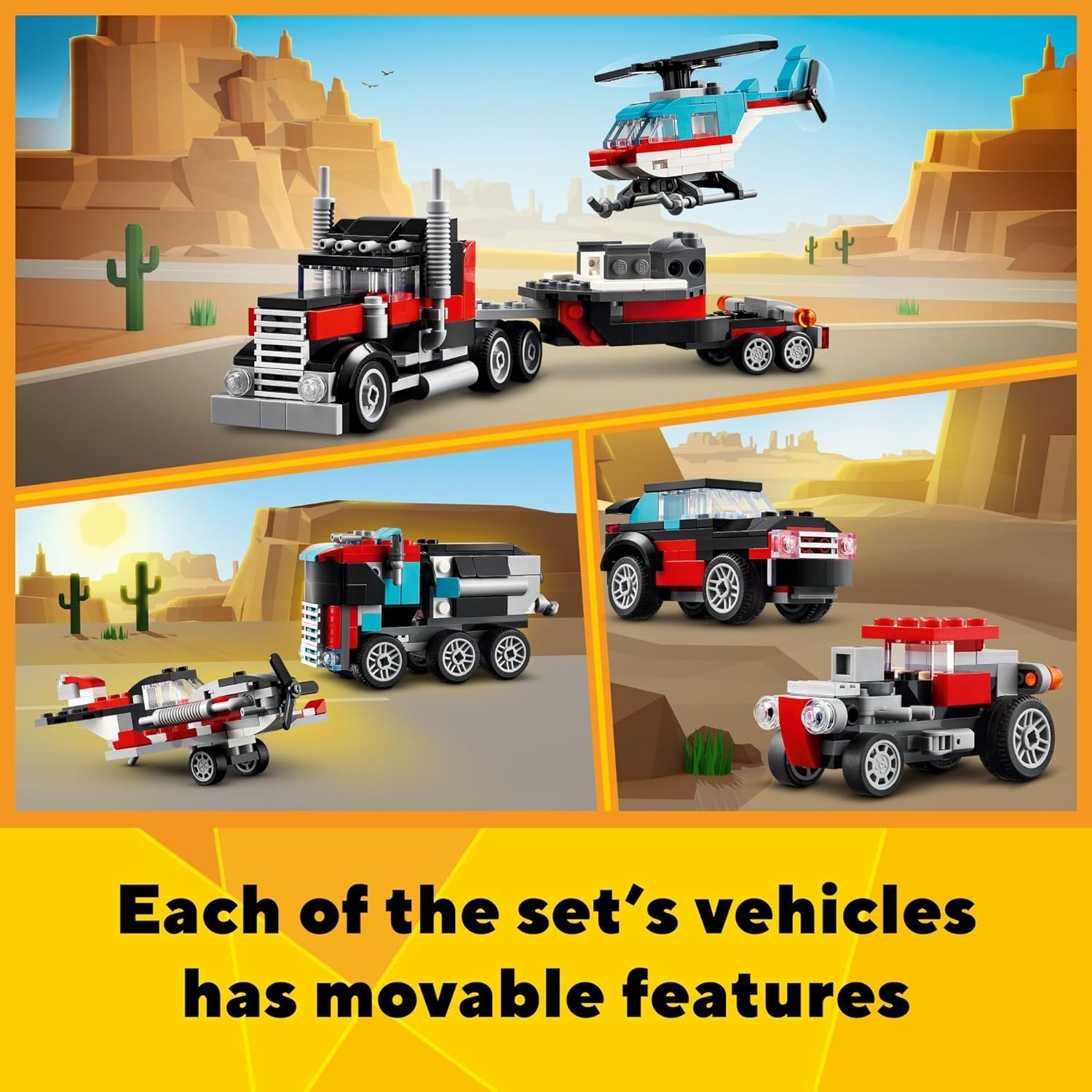 LEGO Creator 3 in 1 Flatbed Truck with Helicopter Toy, Transforms from Flatbed Truck Toy to Propeller Plane to Hot Rod and SUV Car Toys, Gift Idea for Boys and Girls Ages 7 Years Old and Up, 31146-3