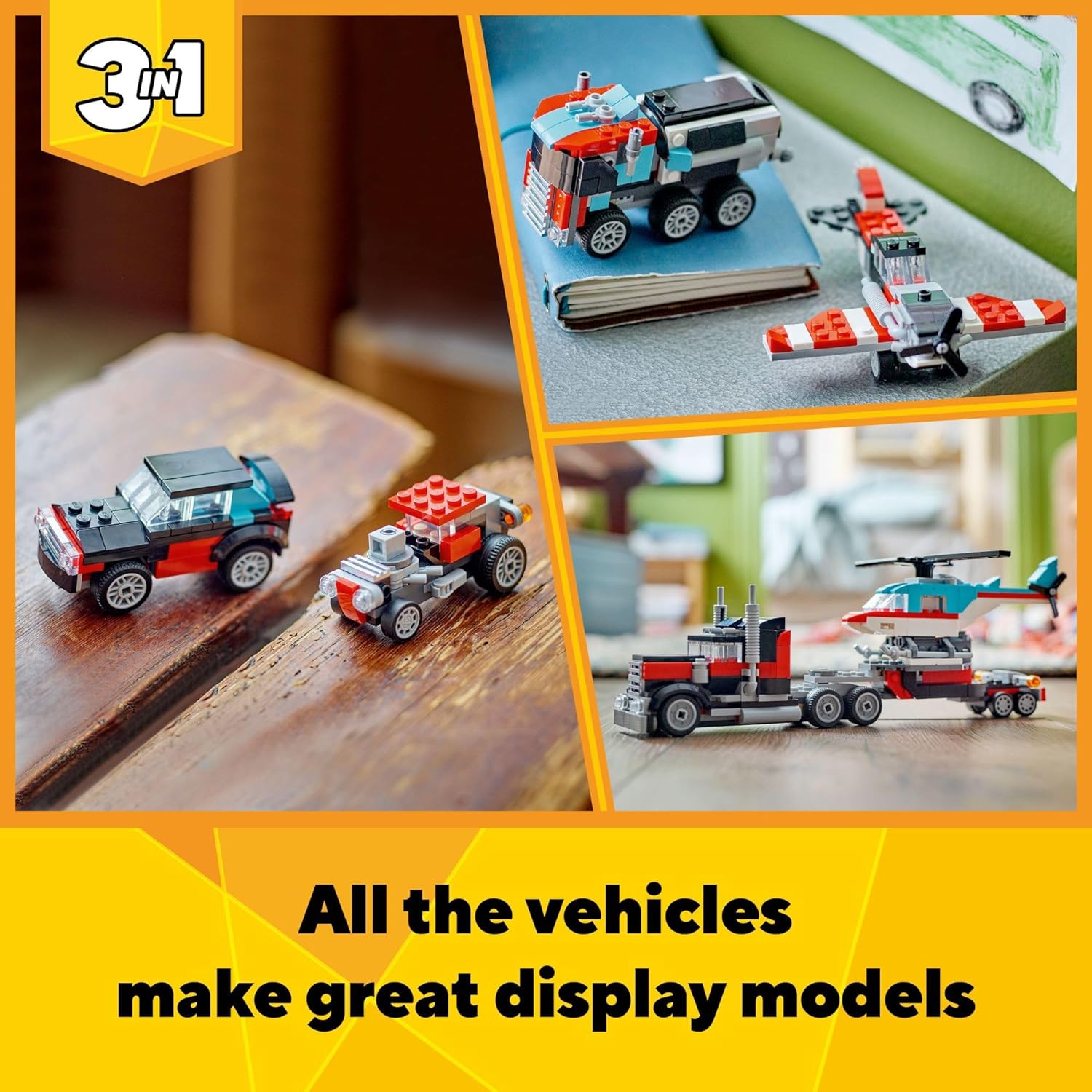 LEGO Creator 3 in 1 Flatbed Truck with Helicopter Toy, Transforms from Flatbed Truck Toy to Propeller Plane to Hot Rod and SUV Car Toys, Gift Idea for Boys and Girls Ages 7 Years Old and Up, 31146-4