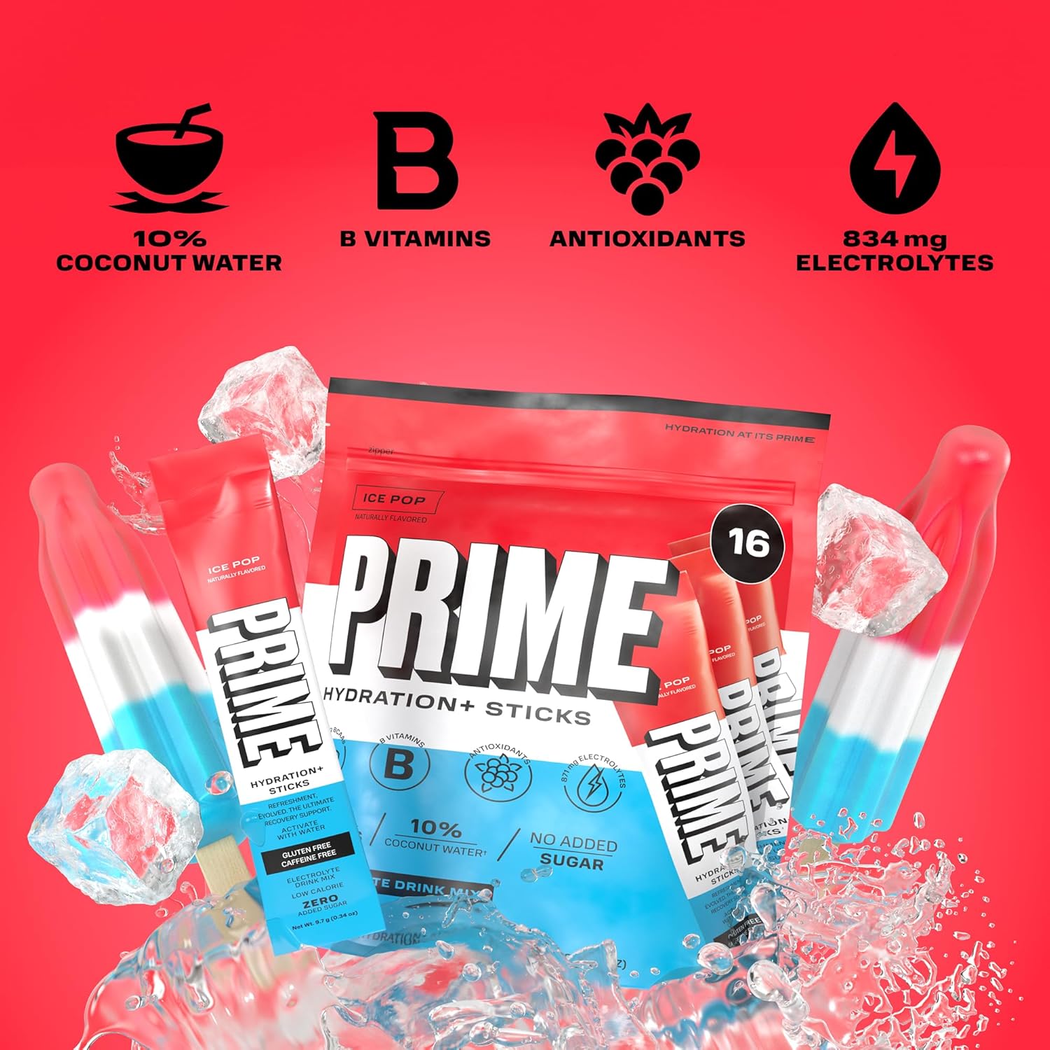 PRIME HYDRATION+ Sticks ICE POP | Hydration Powder Single Serve Sticks | Electrolyte Powder On The Go | Low Sugar | Caffeine-Free | Vegan | 16 Sticks-4