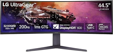 LG 45GR75DC-B Ultragear Curved Gaming Monitor 45-Inch 32:9 Dual QHD 1ms 200Hz VESA DisplayHDR 600 with DCI-P3 95% AMD FreeSync Premium Pro Enhanced Gaming GUI DTS HP:X 3-Way Adjustable Stand - Black