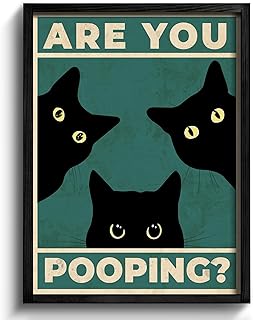 Heiple Framed Bathroom Wall Art Black Cat Are You Pooping Funny Bathroom Wall Decor Hanging Sign for Vintage Home Farmhouse Bathroom Decor (Black, 11"x14")