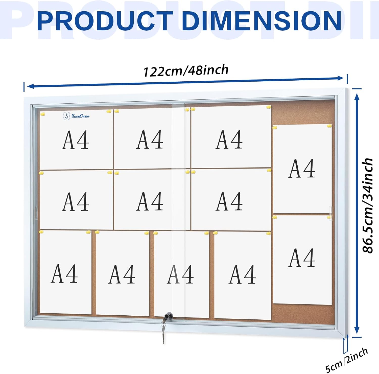 Swansea Enclosed Locking Bulletin Board Cork Message Board with Sliding Glass Doors,for Indoor Use,48"x31.5"-1