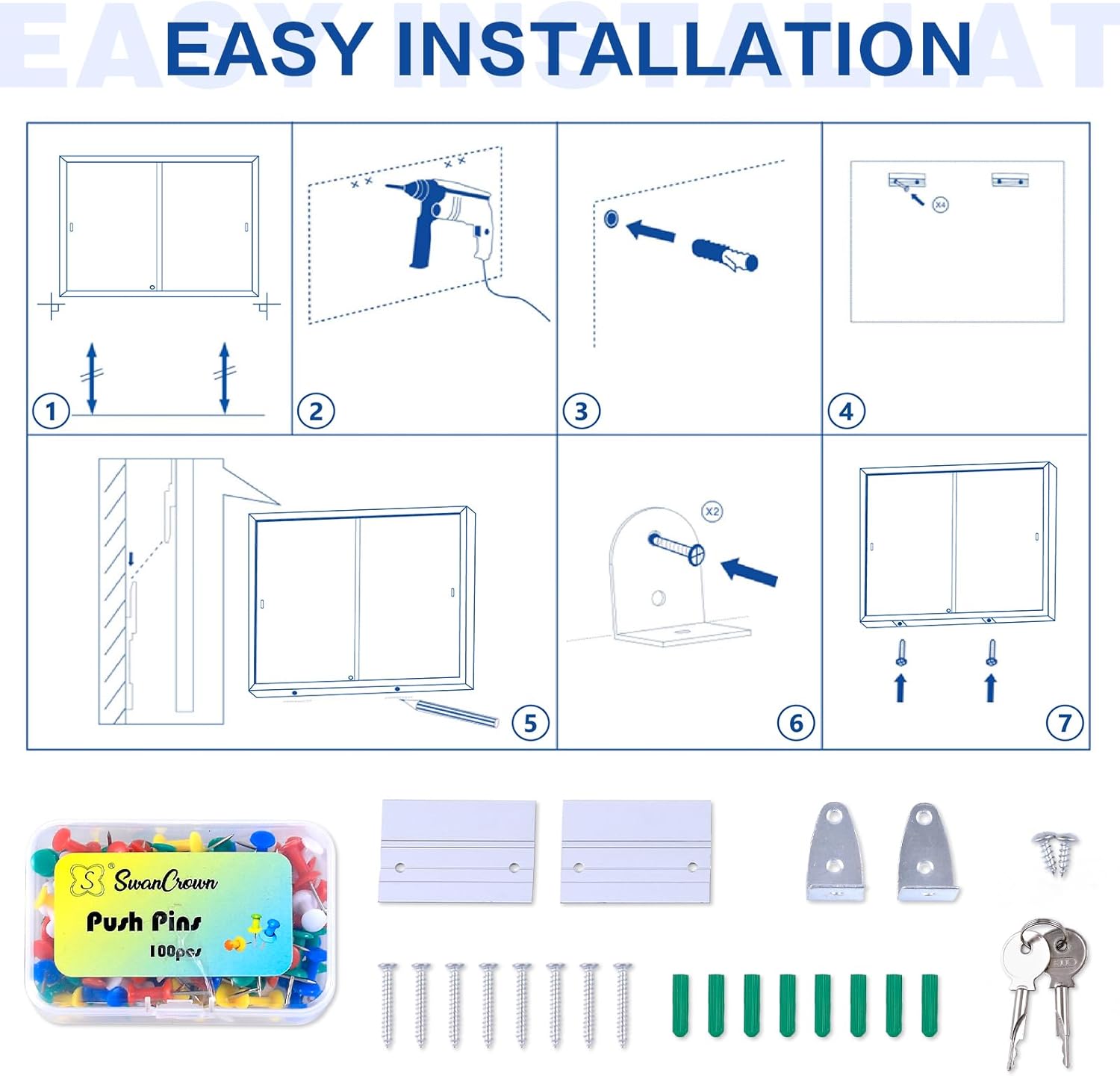 Swansea Enclosed Locking Bulletin Board Cork Message Board with Sliding Glass Doors,for Indoor Use,48"x31.5"-3