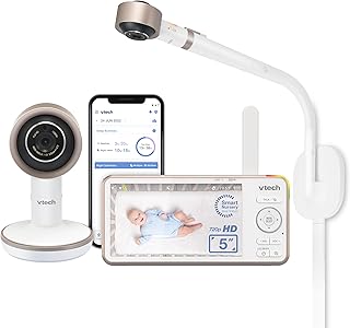 VTech V-Care VC2105 1080p FHD Over-The Crib Mount Smart Baby Monitor 5” 720p LCD Screen,Table Stand,Remote Access,Versatile Placement,Intelligence Detection, Sleep Analysis,24 hrs Recording,with WiFi