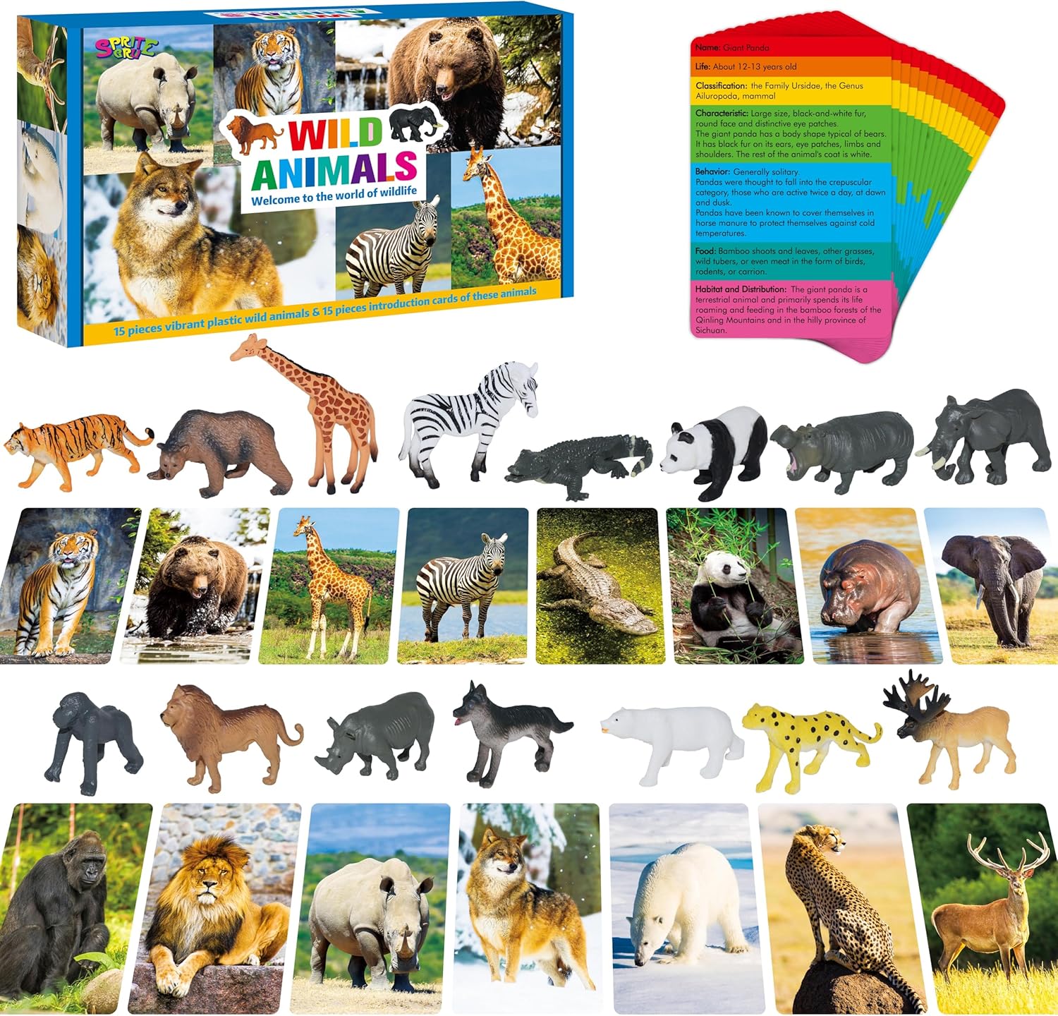 15 PCS Safari Animal Figurines with 15 Introducing Flashcards, Realistic Zoo Animal Figures Montessori Toys Science Educational Matching Game for Homeschool Preschool Toddler Kids-0