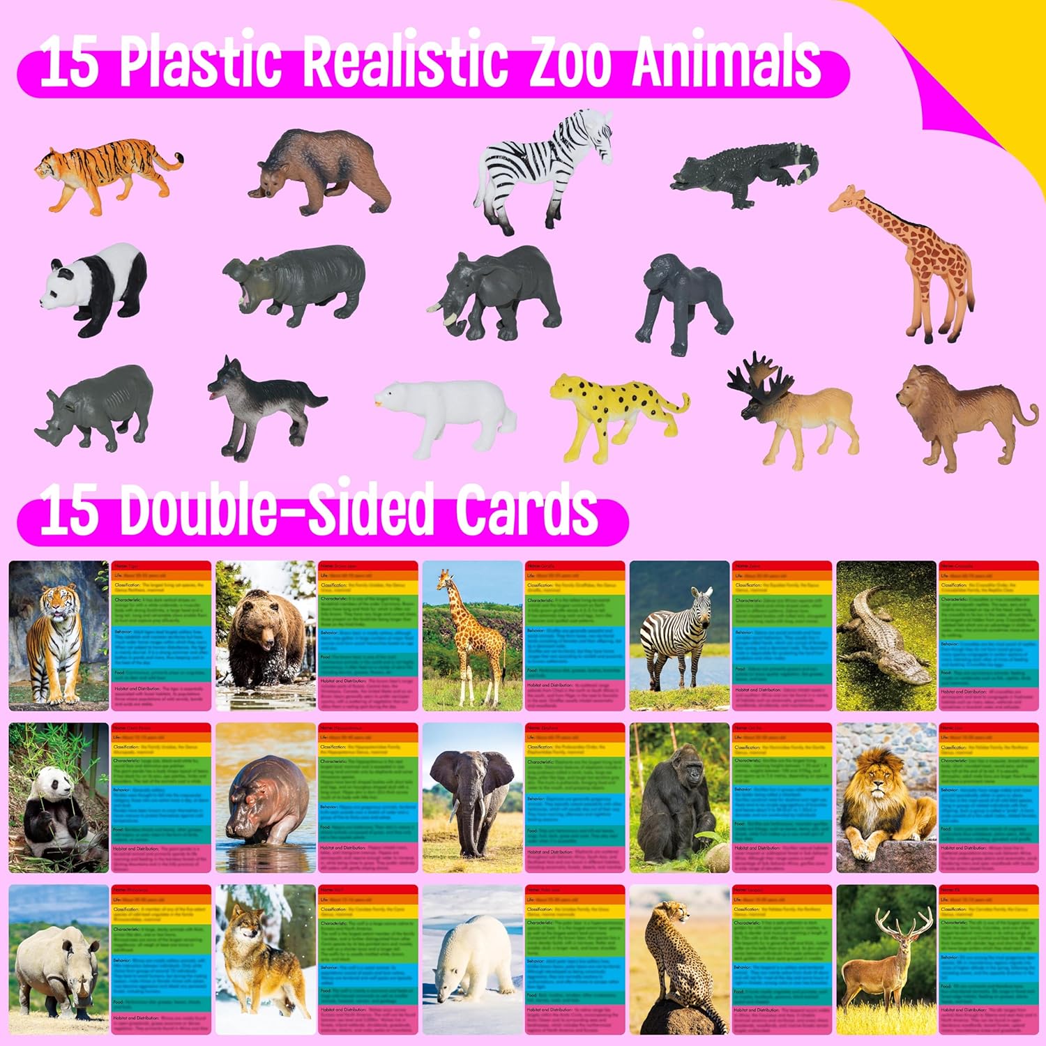 15 PCS Safari Animal Figurines with 15 Introducing Flashcards, Realistic Zoo Animal Figures Montessori Toys Science Educational Matching Game for Homeschool Preschool Toddler Kids-1