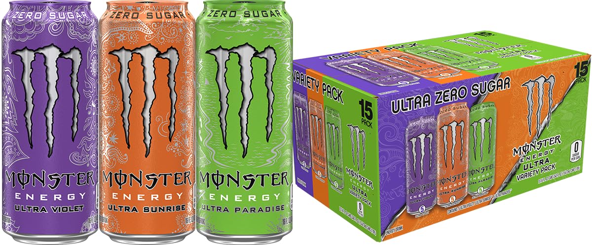 Monster Energy Ultra Variety Pack, Ultra Violet, Ultra Sunrise, Ultra Paradise, Sugar Free Energy Drink, 16 Ounce (Pack of 15)-0