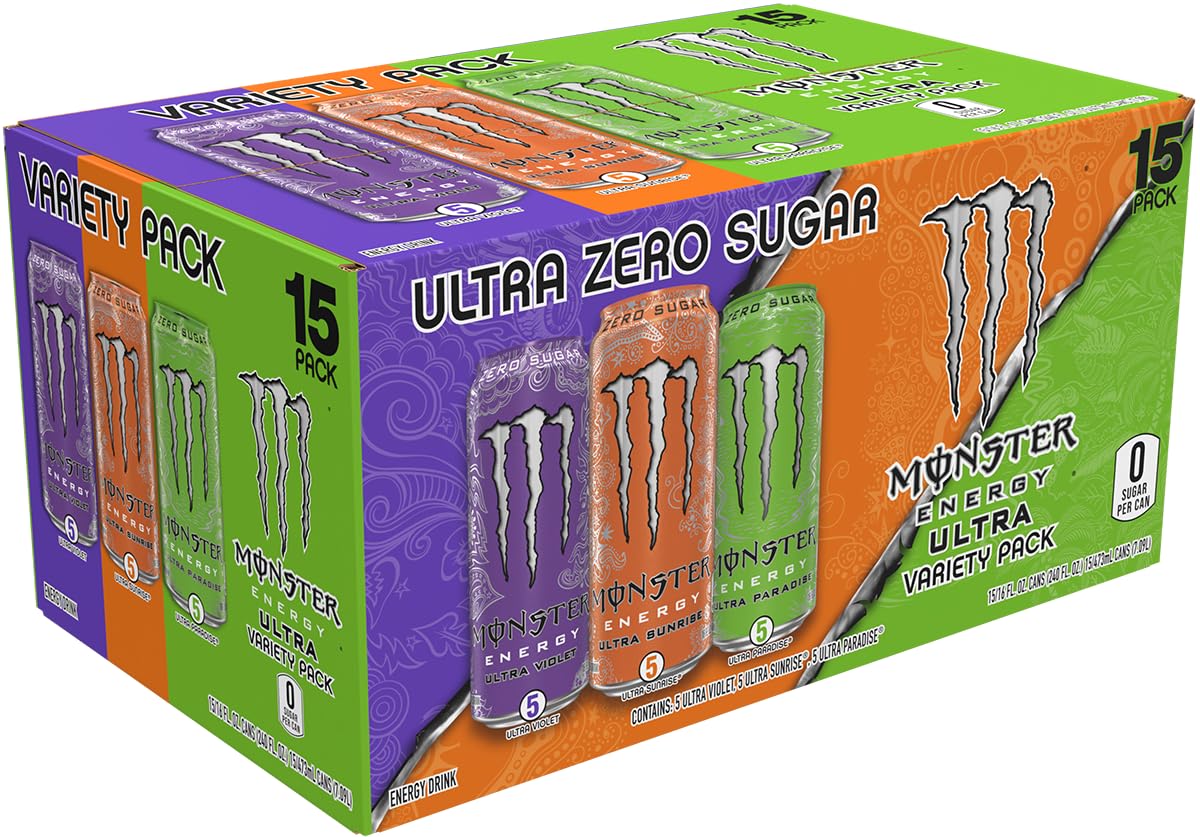 Monster Energy Ultra Variety Pack, Ultra Violet, Ultra Sunrise, Ultra Paradise, Sugar Free Energy Drink, 16 Ounce (Pack of 15)-1