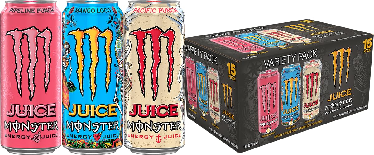 Monster Energy Juice Monster Variety Pack, Pipeline Punch, Mango Loco, Pacific Punch, Energy+Juice, Energy Drink, 16 Ounce (Pack of 15)-0