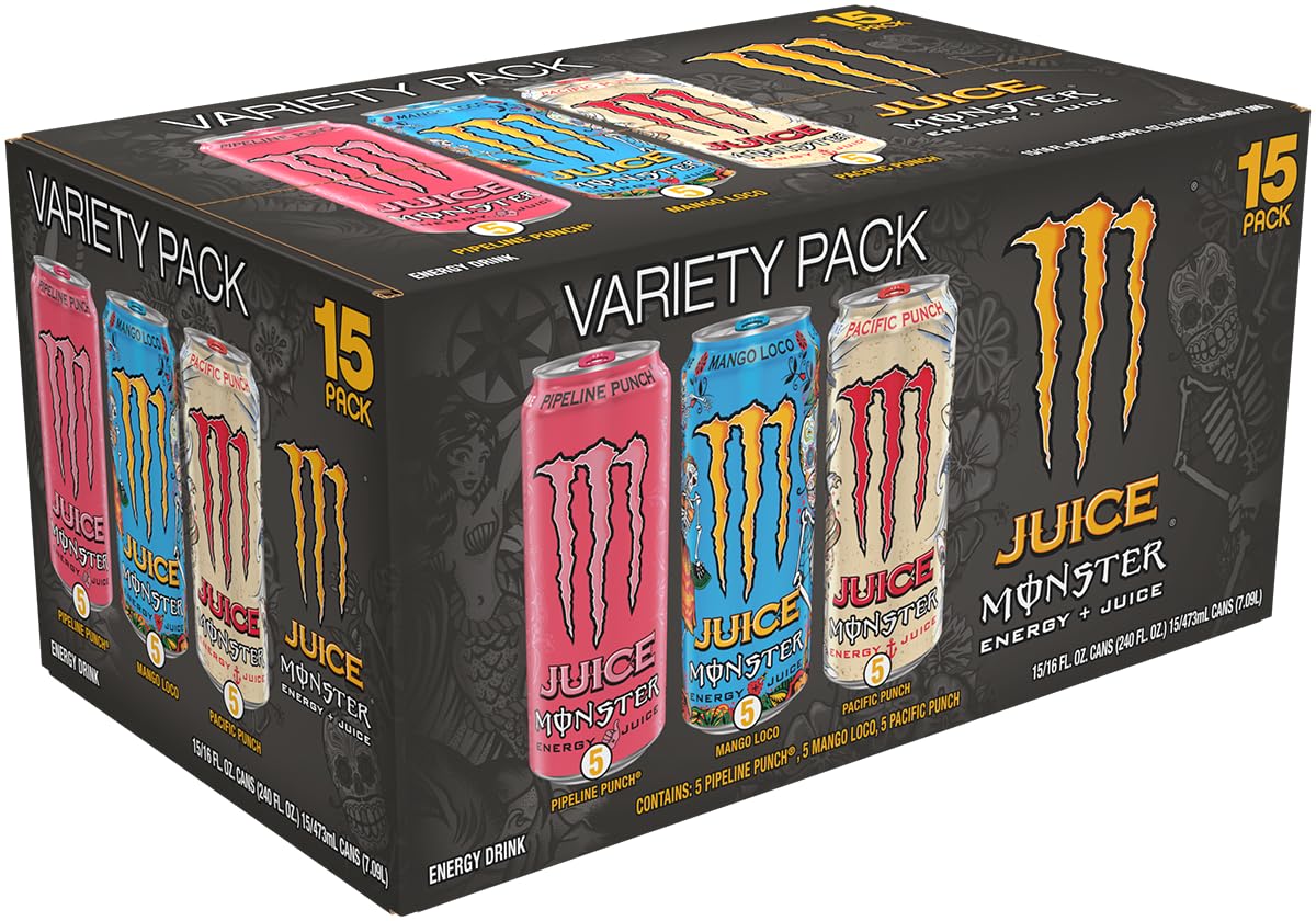 Monster Energy Juice Monster Variety Pack, Pipeline Punch, Mango Loco, Pacific Punch, Energy+Juice, Energy Drink, 16 Ounce (Pack of 15)-1