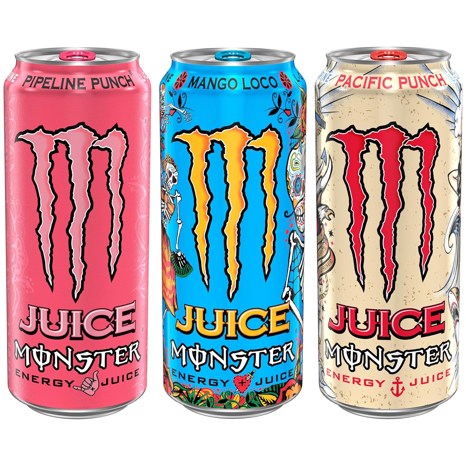 Monster Energy Juice Monster Variety Pack, Pipeline Punch, Mango Loco, Pacific Punch, Energy+Juice, Energy Drink, 16 Ounce (Pack of 15)-3