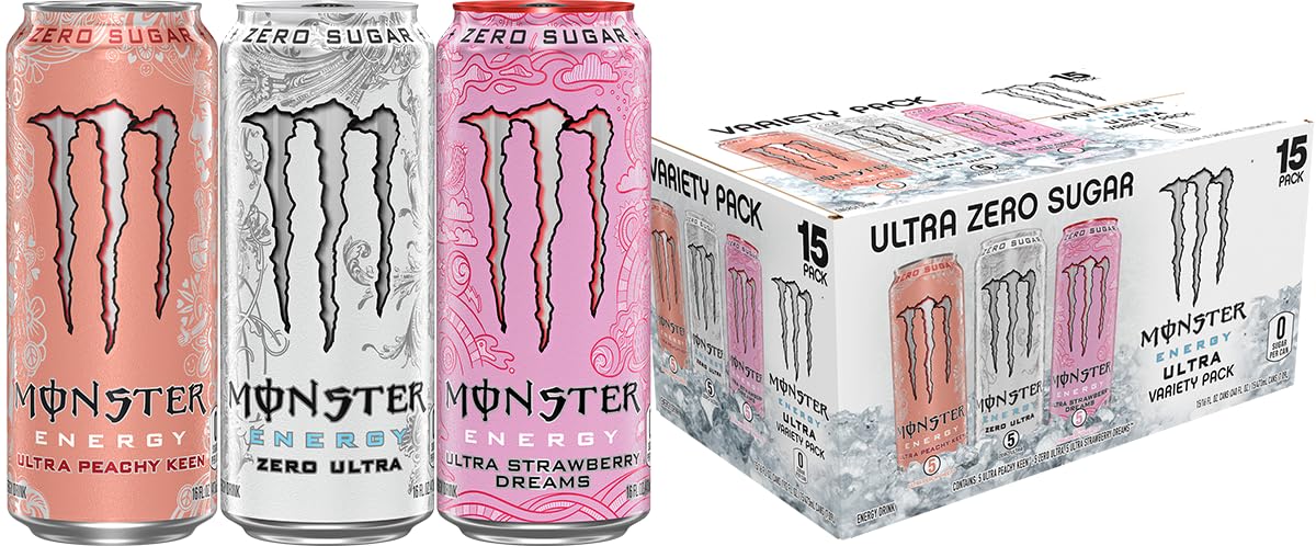 Monster Energy Ultra Variety Pack, Zero Ultra, Ultra Peachy Keen, Ultra Strawberry Dreams, Sugar Free Energy Drink, 16 Ounce (Pack of 15)-0