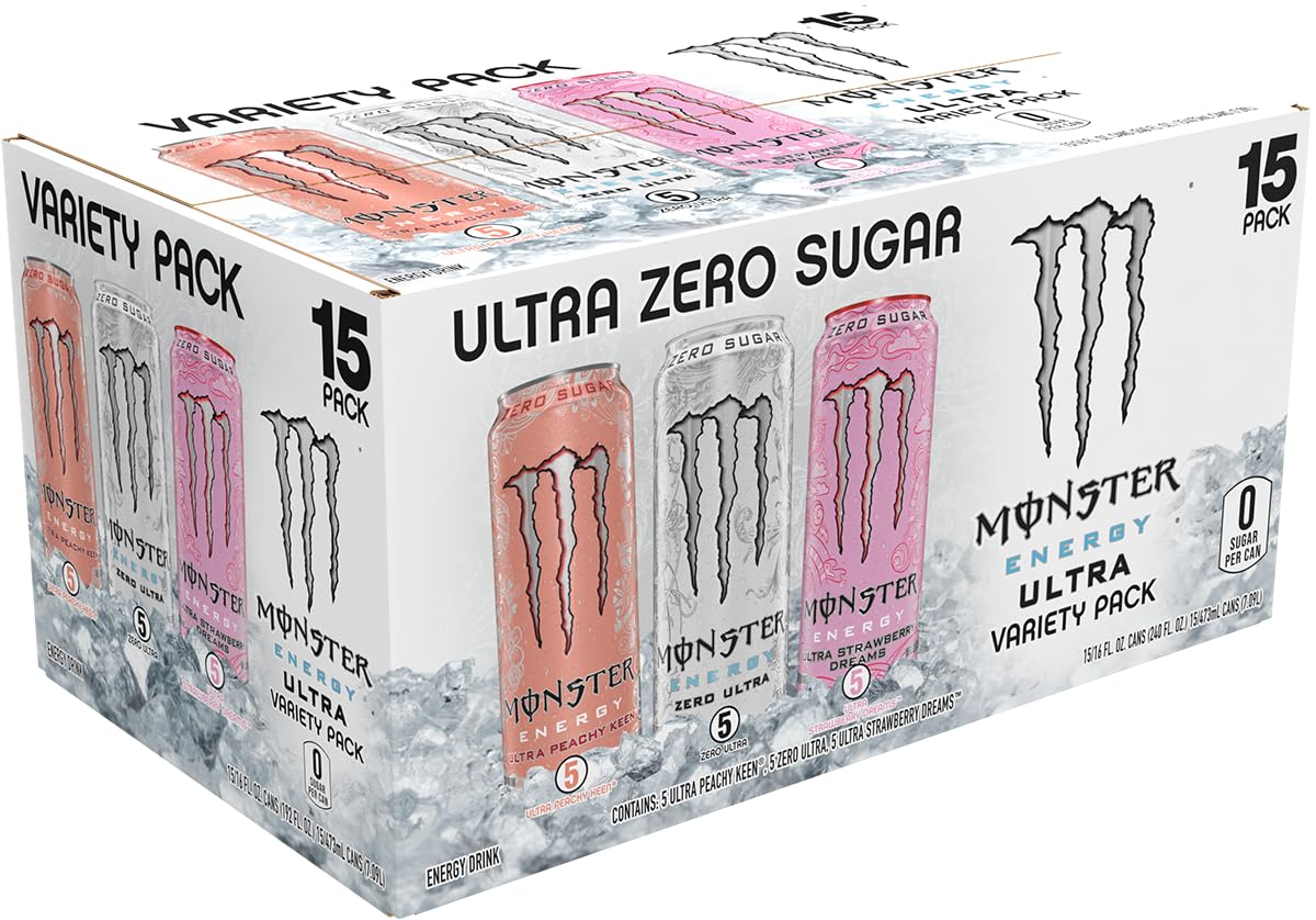 Monster Energy Ultra Variety Pack, Zero Ultra, Ultra Peachy Keen, Ultra Strawberry Dreams, Sugar Free Energy Drink, 16 Ounce (Pack of 15)-1