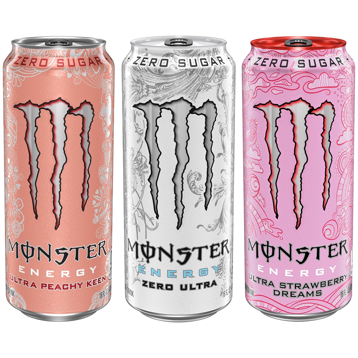 Monster Energy Ultra Variety Pack, Zero Ultra, Ultra Peachy Keen, Ultra Strawberry Dreams, Sugar Free Energy Drink, 16 Ounce (Pack of 15)-2