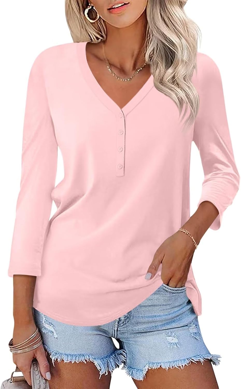 Minetom Women's V Neck 3/4 Sleeve Tops Casual Shirts Basic Summer Tees-0