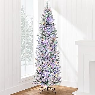 Best Choice Products Flocked Pencil Christmas Tree, Pre-Lit Slim 7.5ft Artificial Holiday Decoration, 2-in-1 White & Multicolor Lights, Lighted Decor