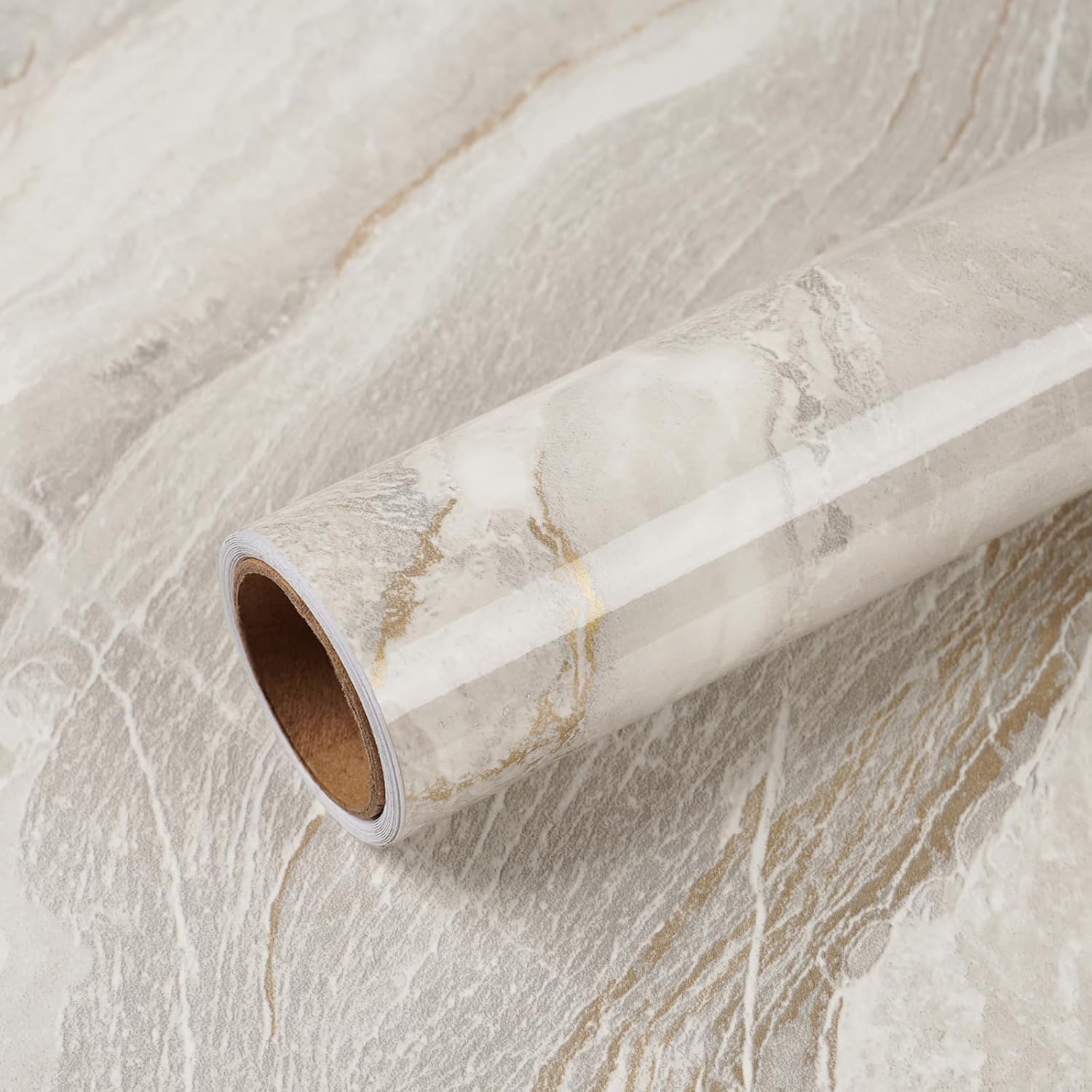 VEELIKE Large Size Marble Contact Paper Peel and Stick Countertops for Kitchen Waterproof Beige Gold Marble Wallpaper for Countertops Walls 32''x118'' Self Adhesive Countertop Vinyl for Bathroom Desk-0