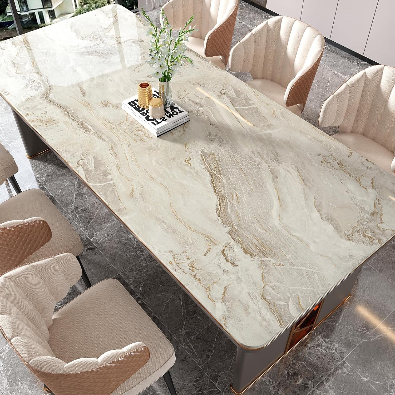 VEELIKE Large Size Marble Contact Paper Peel and Stick Countertops for Kitchen Waterproof Beige Gold Marble Wallpaper for Countertops Walls 32''x118'' Self Adhesive Countertop Vinyl for Bathroom Desk-3